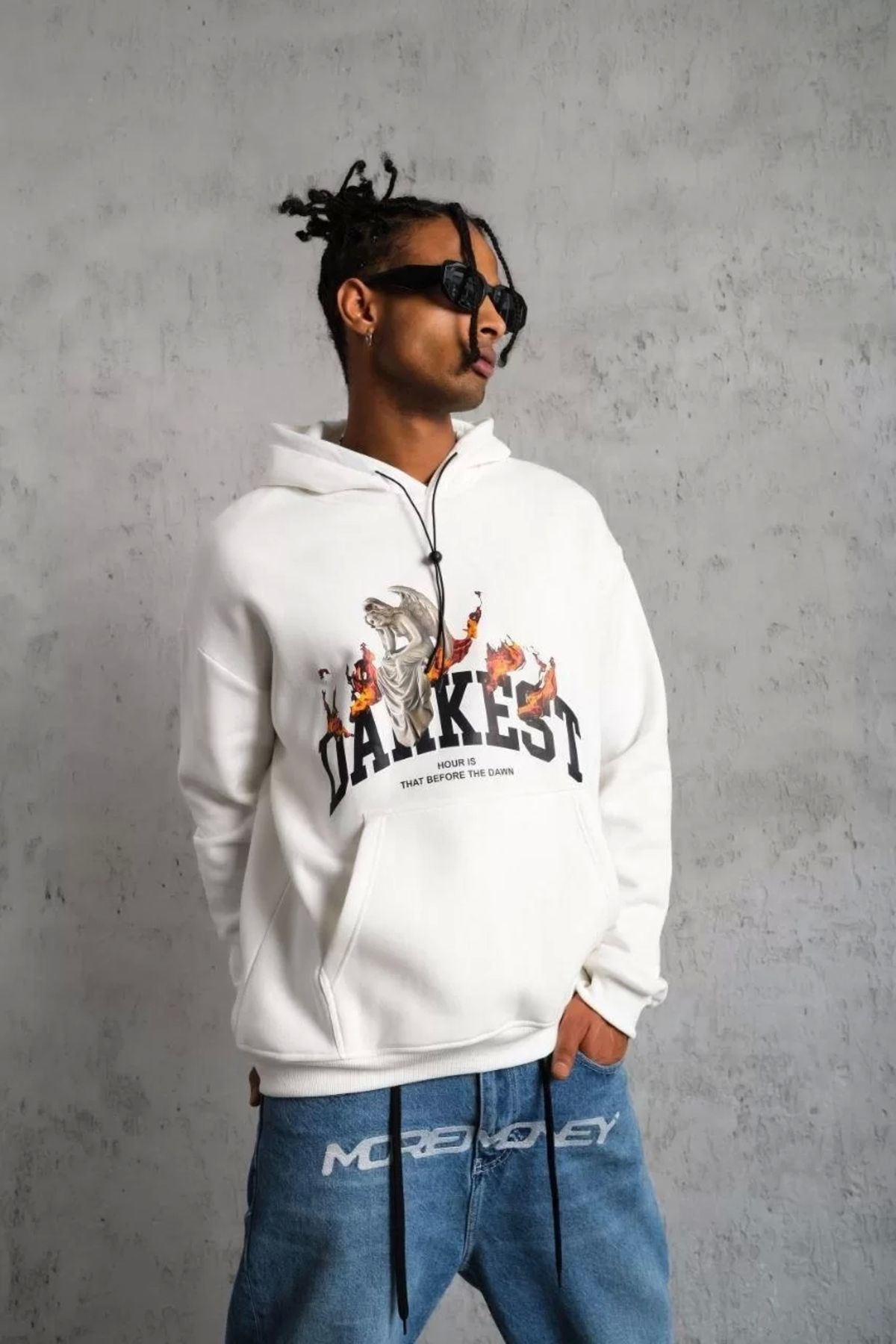 Ebruli Erkek Dankes Baskili Kapüşonlu Sweat - Beyaz