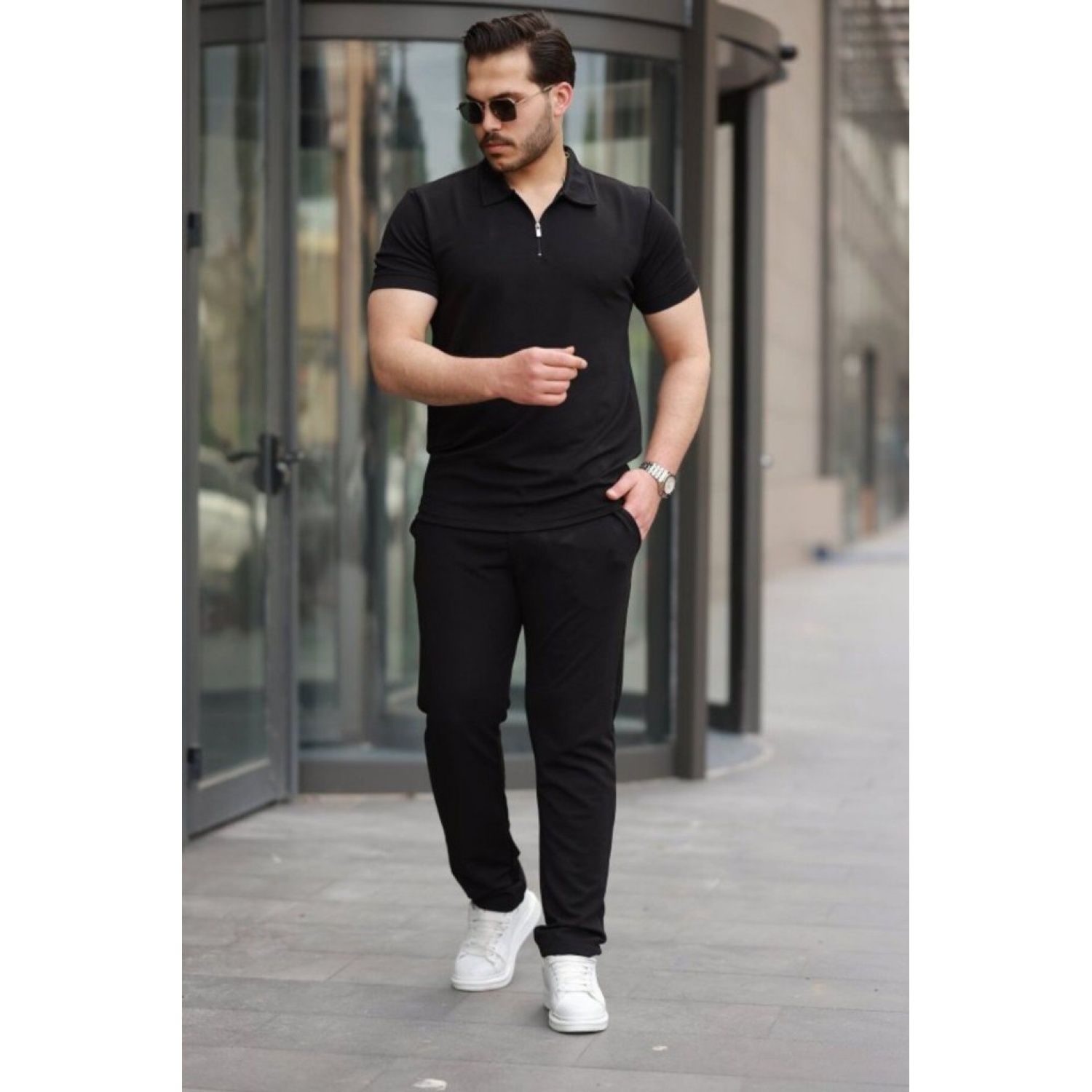 Erkek Kısa Kollu önden Fermuarlı Janjan Krep Bluz Ve Pantolon Iki