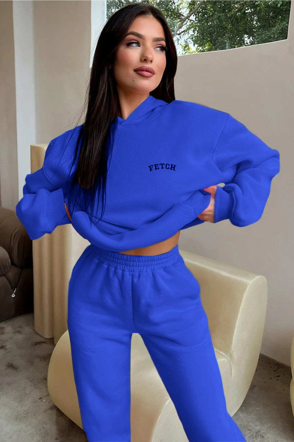 Fetch Eşofman Takımı Sweatshirt Jogger - Sax Mavi Baskılı Oversiz