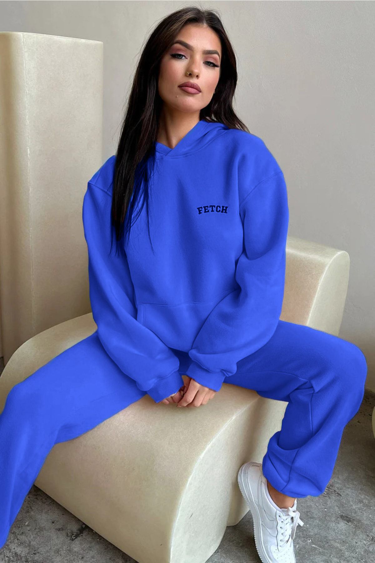 Fetch Eşofman Takımı Sweatshirt Jogger - Sax Mavi Baskılı Oversiz