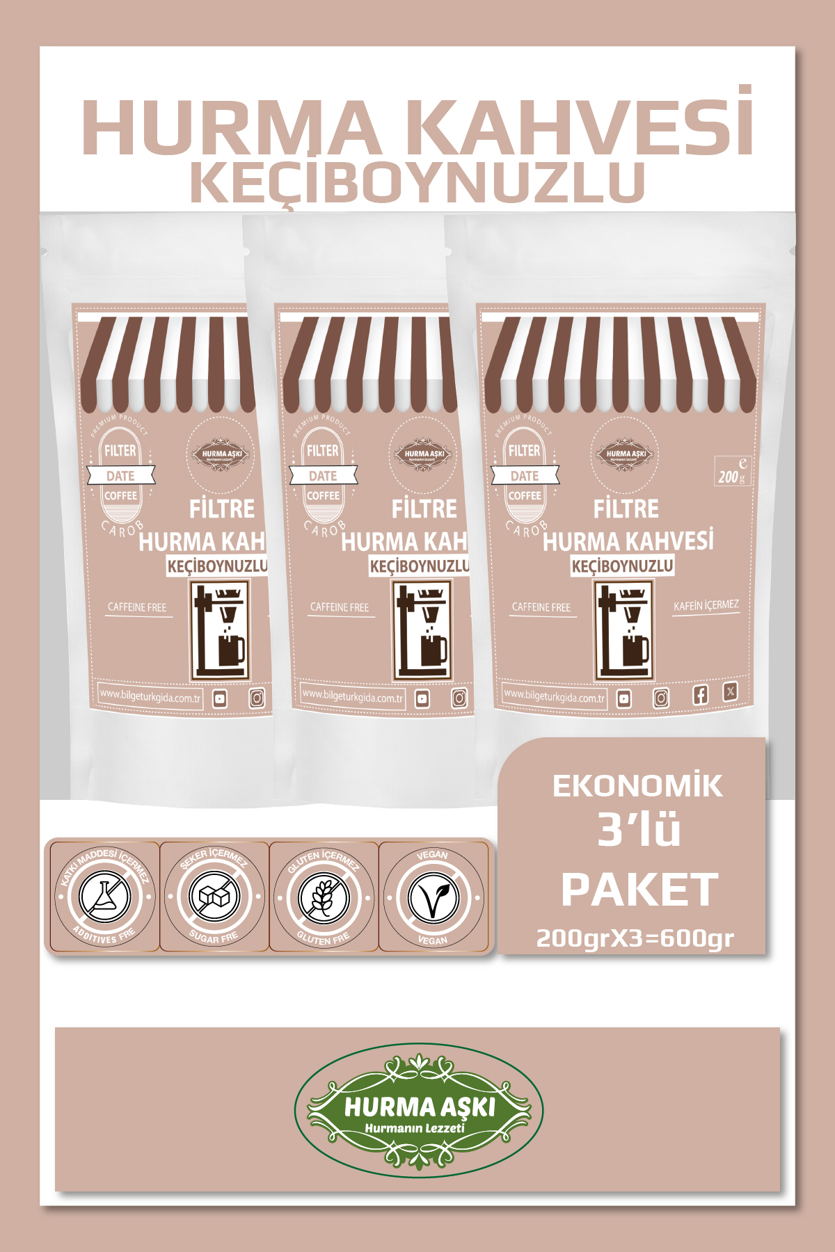 Hurma Aşki Filtre Hurma Kahvesi Keçiboynuzlu 200Grx3=600Gr