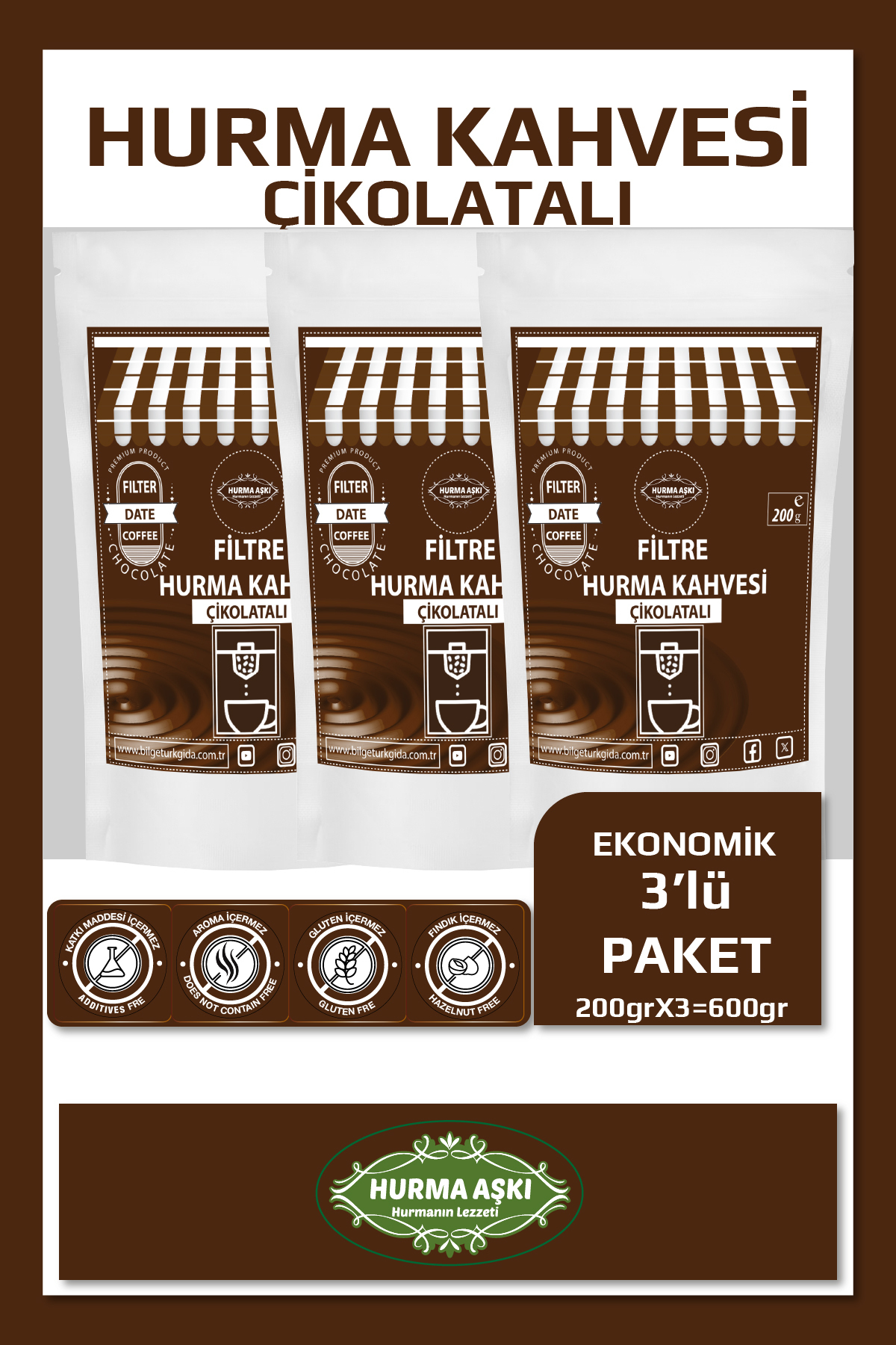 Hurma Aşki Filtre Hurma Kahvesi Çikolatali 200Grx3=600Gr