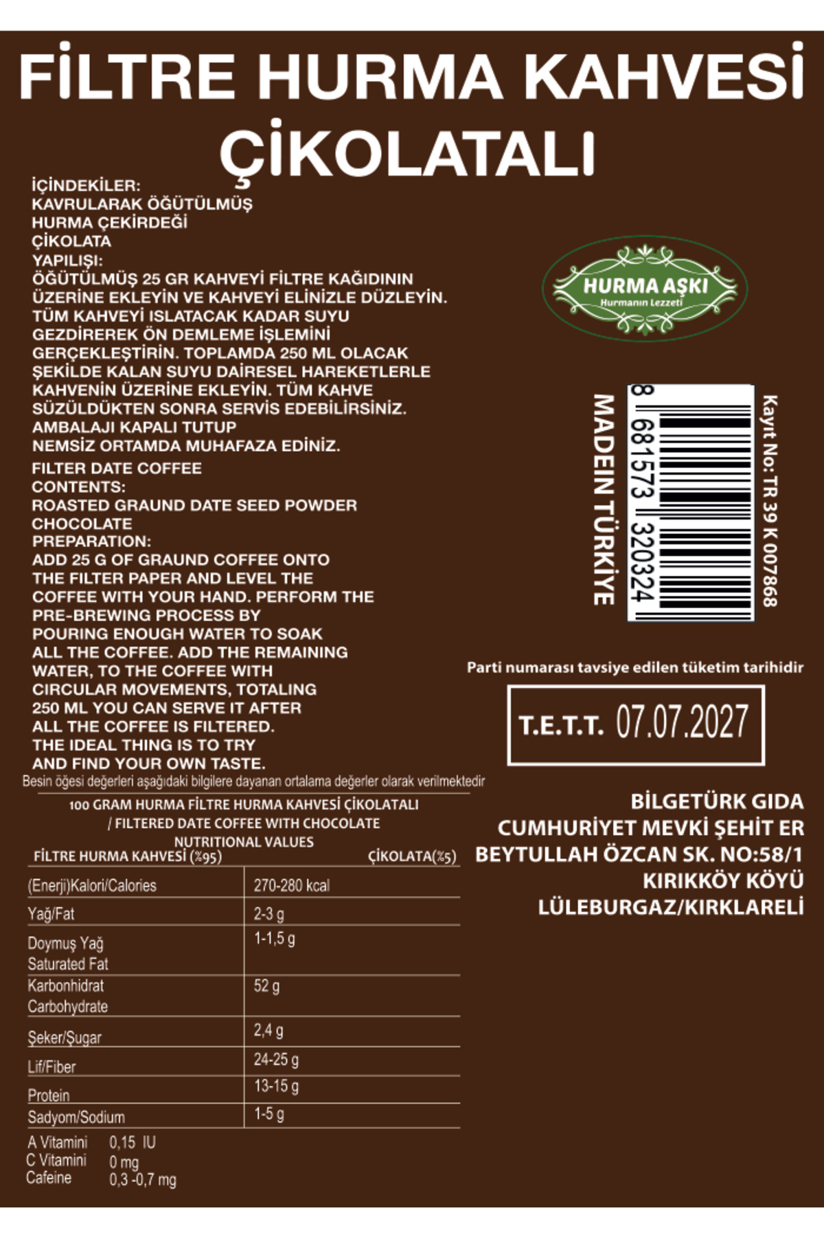 Hurma Aşki Filtre Hurma Kahvesi Çikolatali 200Grx3=600Gr