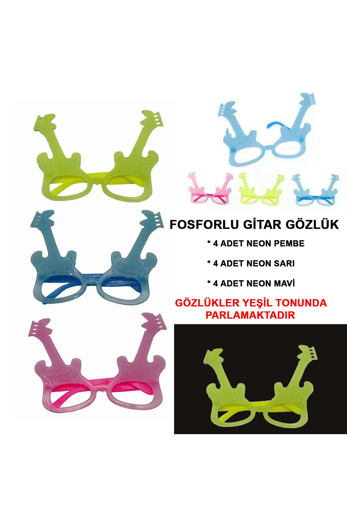 Ok Aksesuar Fosforlu Gitar Model Glow Parti Gözlüğü Karanlikta Yanan Gözlükle