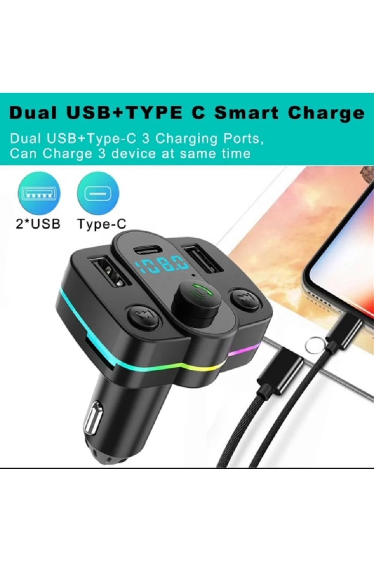 Rosepremium Ft-603 Araç Fm Transmitter Bluetooth Usb Mp3 Sd Kart Pd Typec Şar