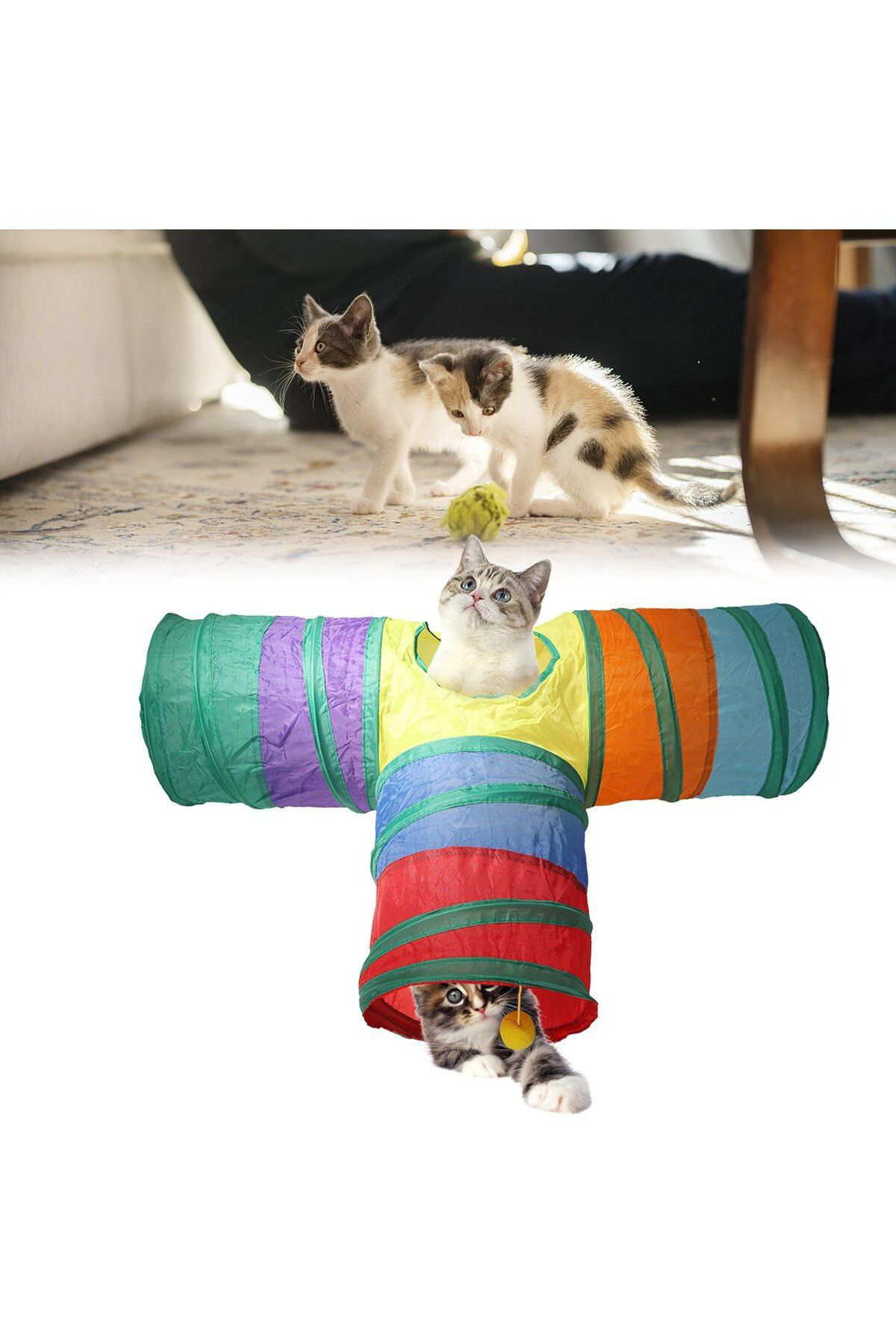 K&A Gökkuşaği Desenli T Model Kedi Oyun Tüneli, Katlanabilir 50 X 75