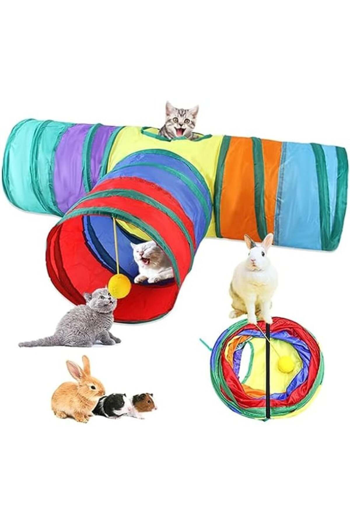 K&A Gökkuşaği Desenli T Model Kedi Oyun Tüneli, Katlanabilir 50 X 75