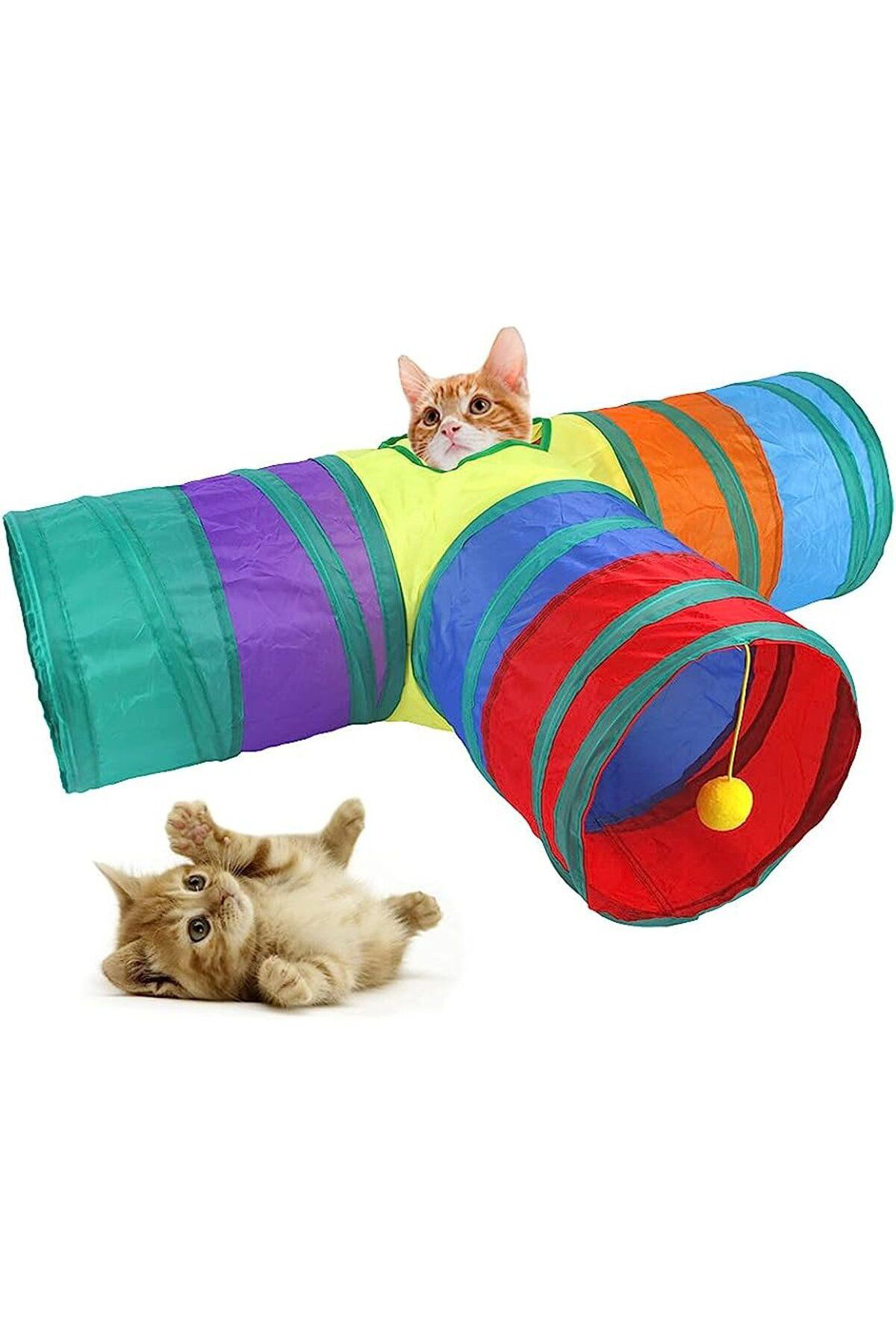 K&A Gökkuşaği Desenli T Model Kedi Oyun Tüneli, Katlanabilir 50 X 75