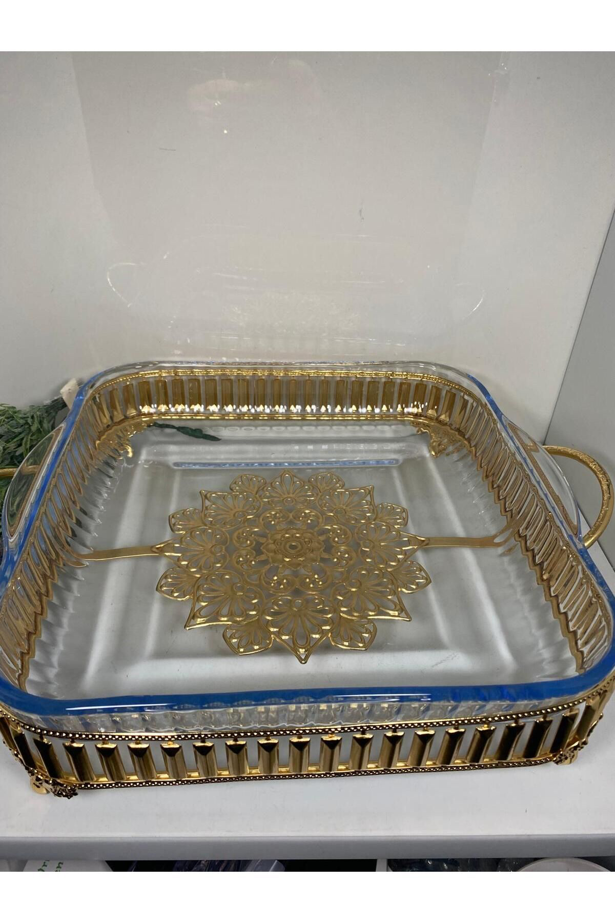 Elif Aksesuar Gold Metal Standli Cam Sunum Tabaği Büyük