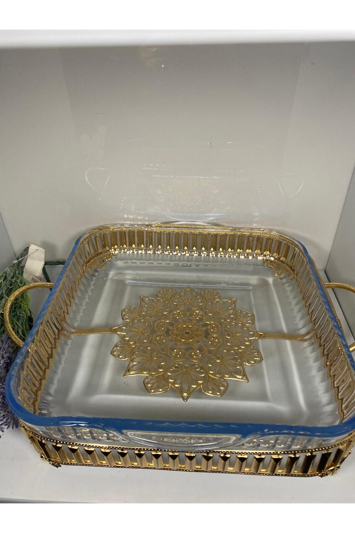 Elif Aksesuar Gold Metal Standli Cam Sunum Tabaği Büyük