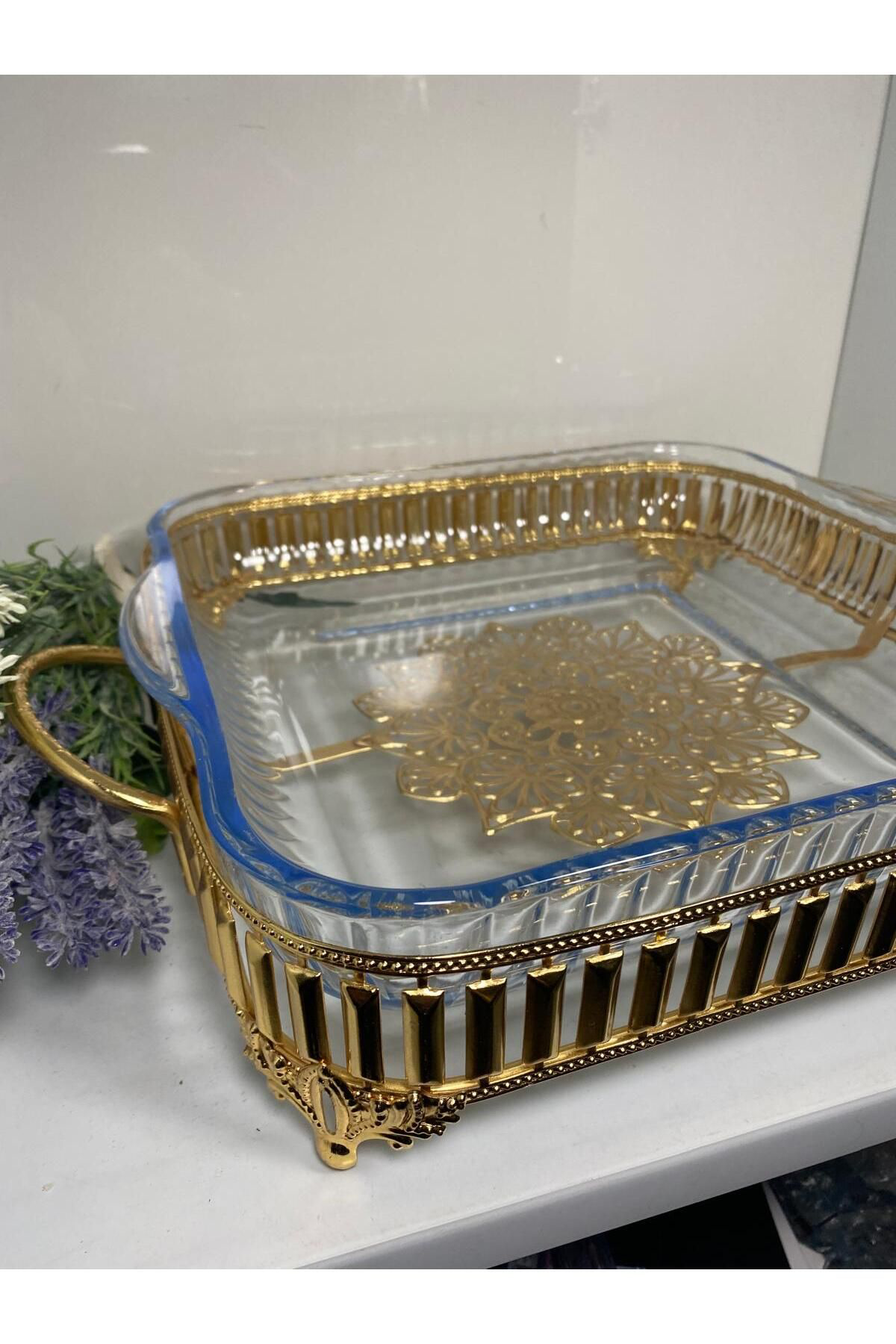 Elif Aksesuar Gold Metal Standli Cam Sunum Tabaği Büyük