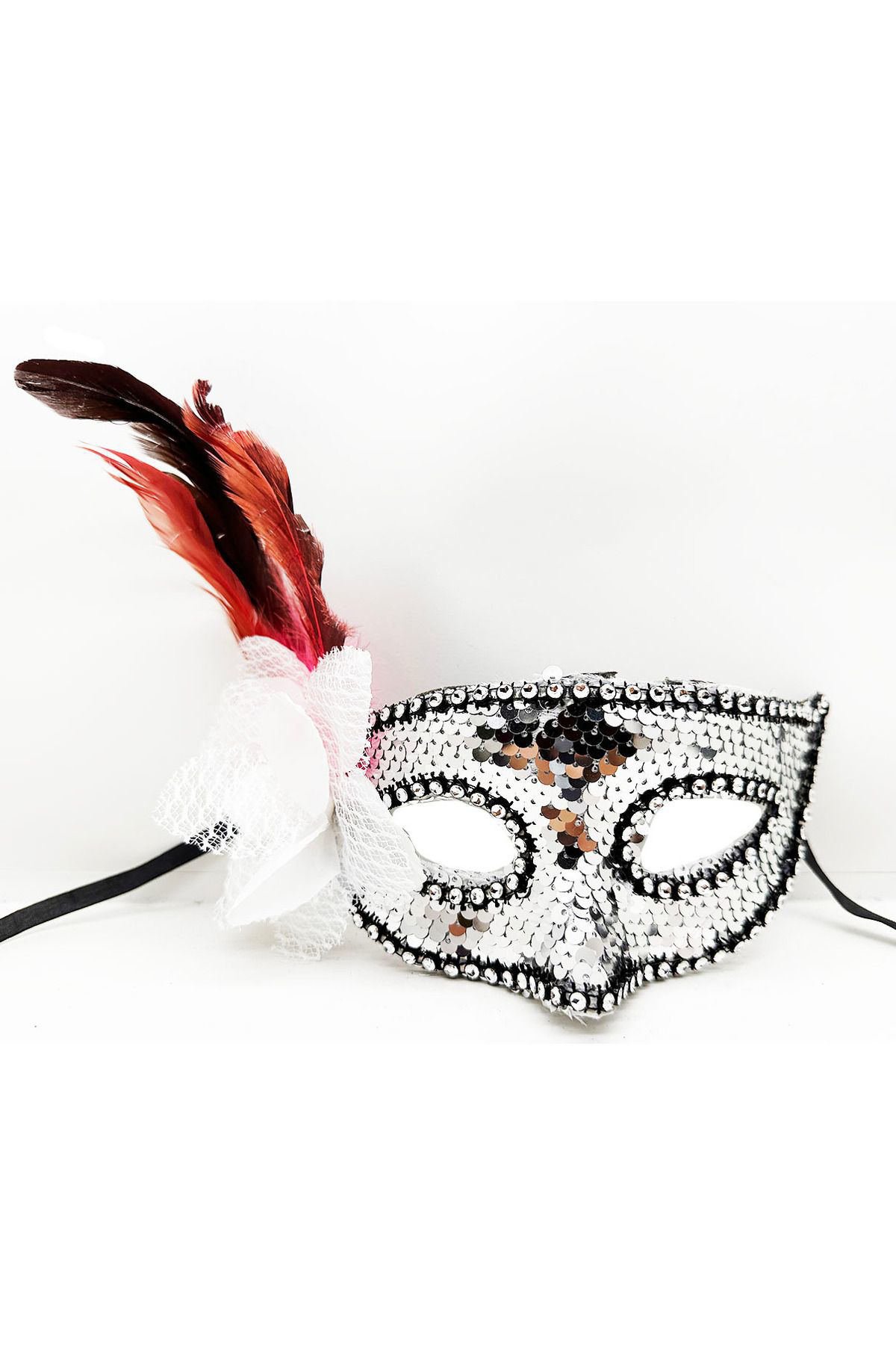 Ok Aksesuar Gümüş Renk Yandan Tüylü Güllü Gümüş Taşli Pullu Maske 20X22 Cm  G