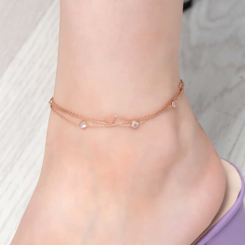 Stillove Gümüş Rose Çift Zincirli Kalp Zirkon Taşli Halhal Sl6081