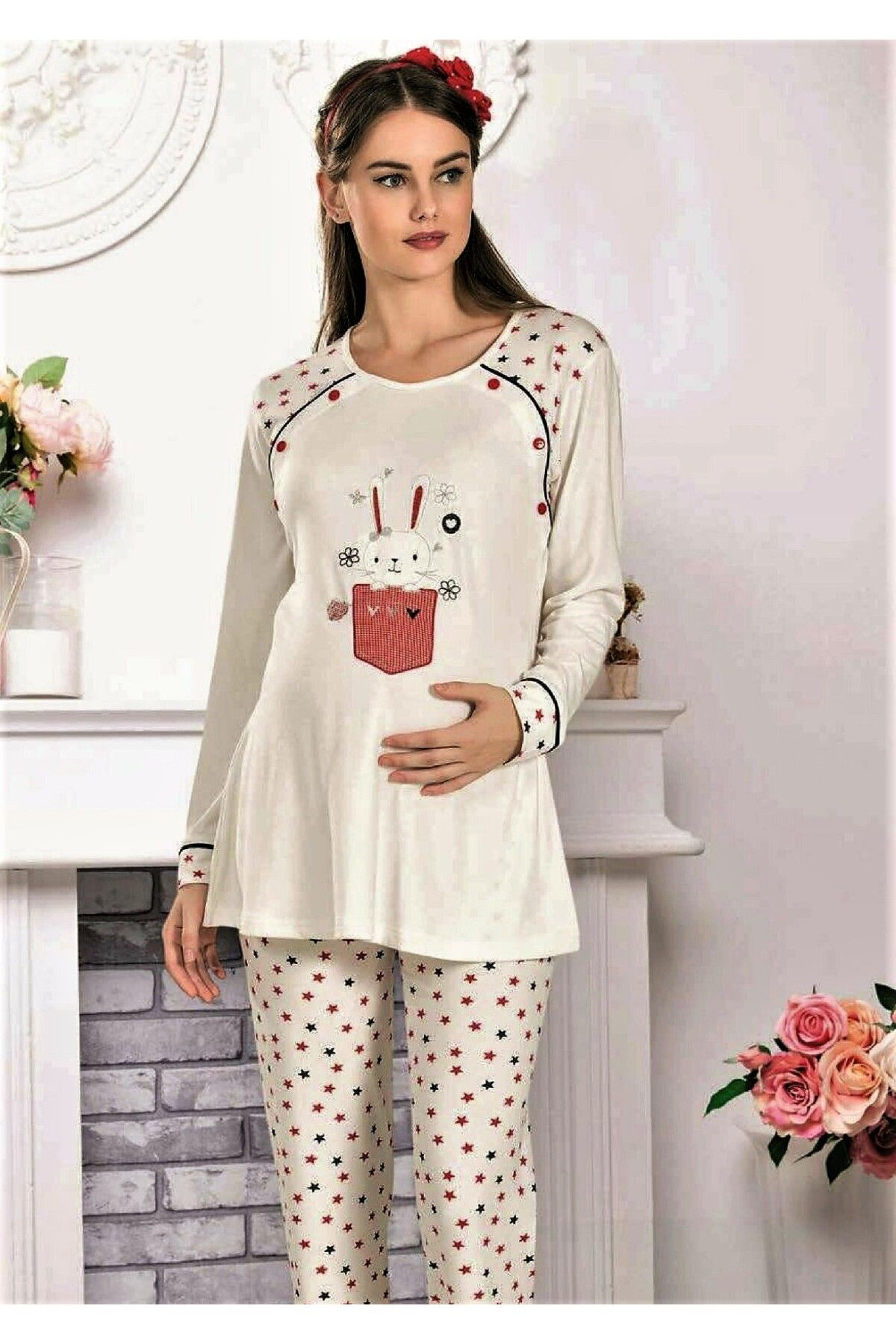 Flz Hamile Pijama Takimi Ekru