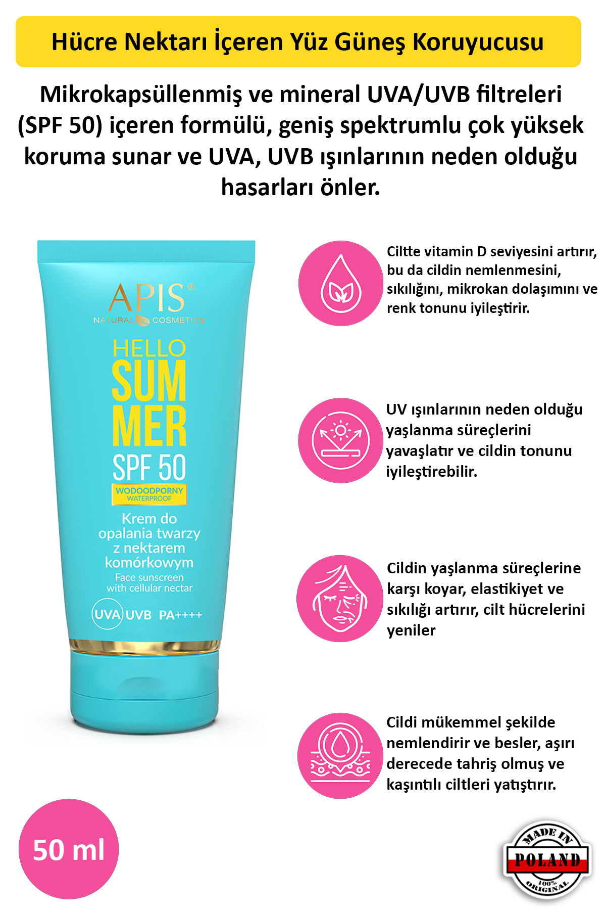 Apis Natural Cosmetics Hücre Nektari İçeren Yüz Güneş Koruyucusu Spf 50 - 50Ml