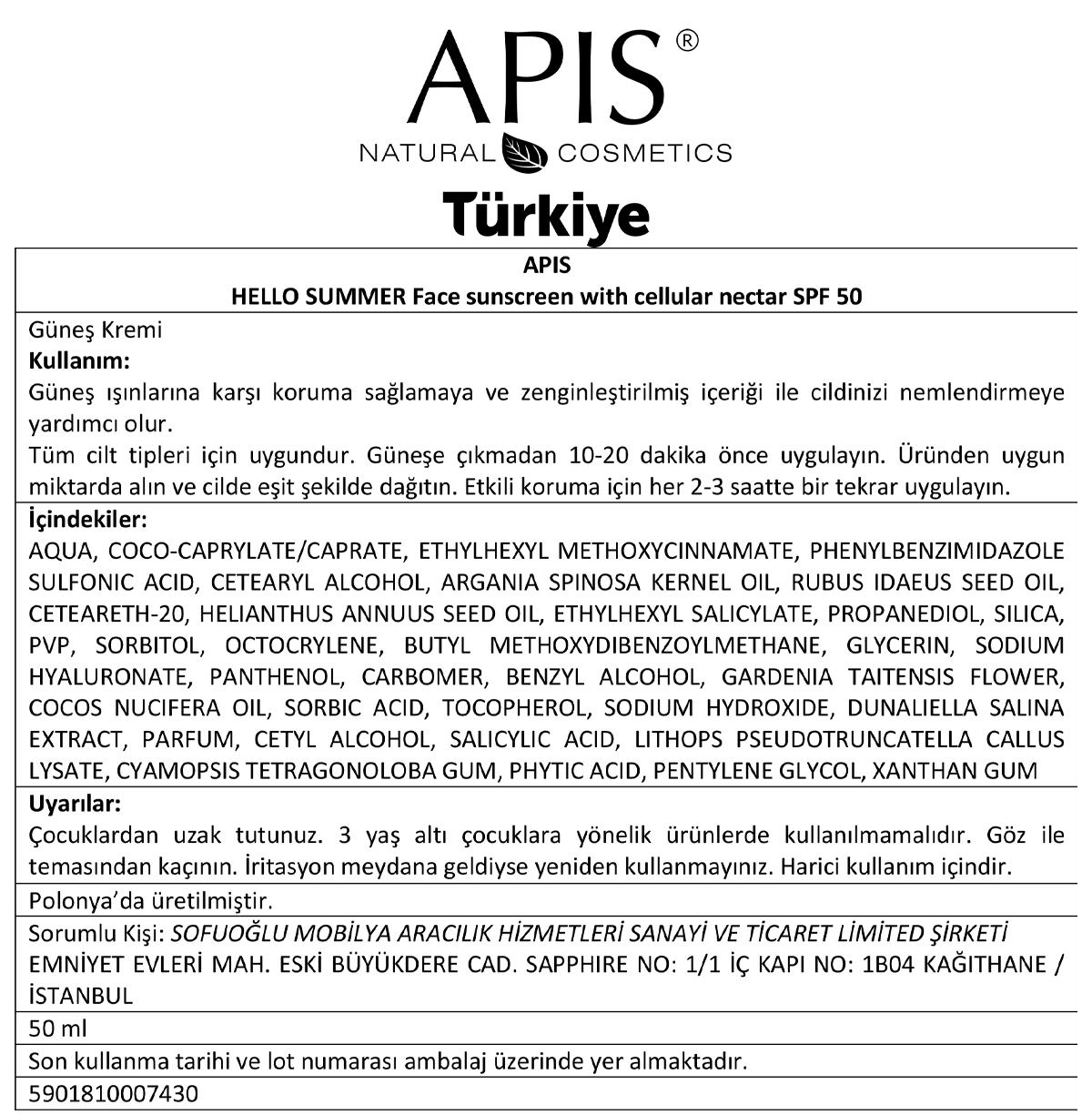 Apis Natural Cosmetics Hücre Nektari İçeren Yüz Güneş Koruyucusu Spf 50 - 50Ml