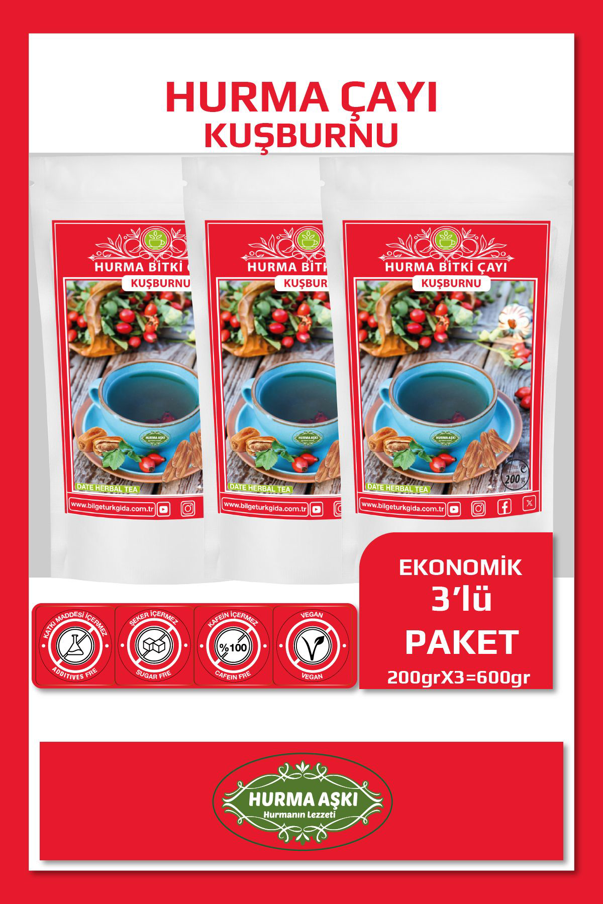 Hurma Aşki Hurma Çayi Kuşburnu 200Grx3=600Gr