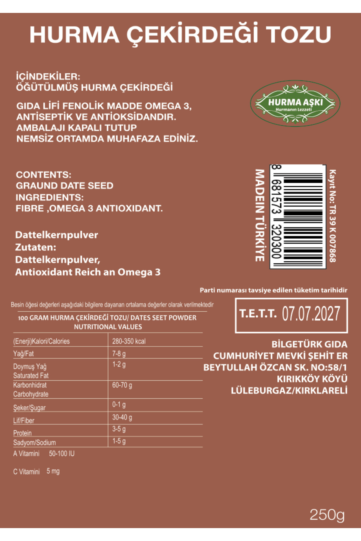 Hurma Aşki Hurma Çekirdeği Tozu 250Grx3=750Gr