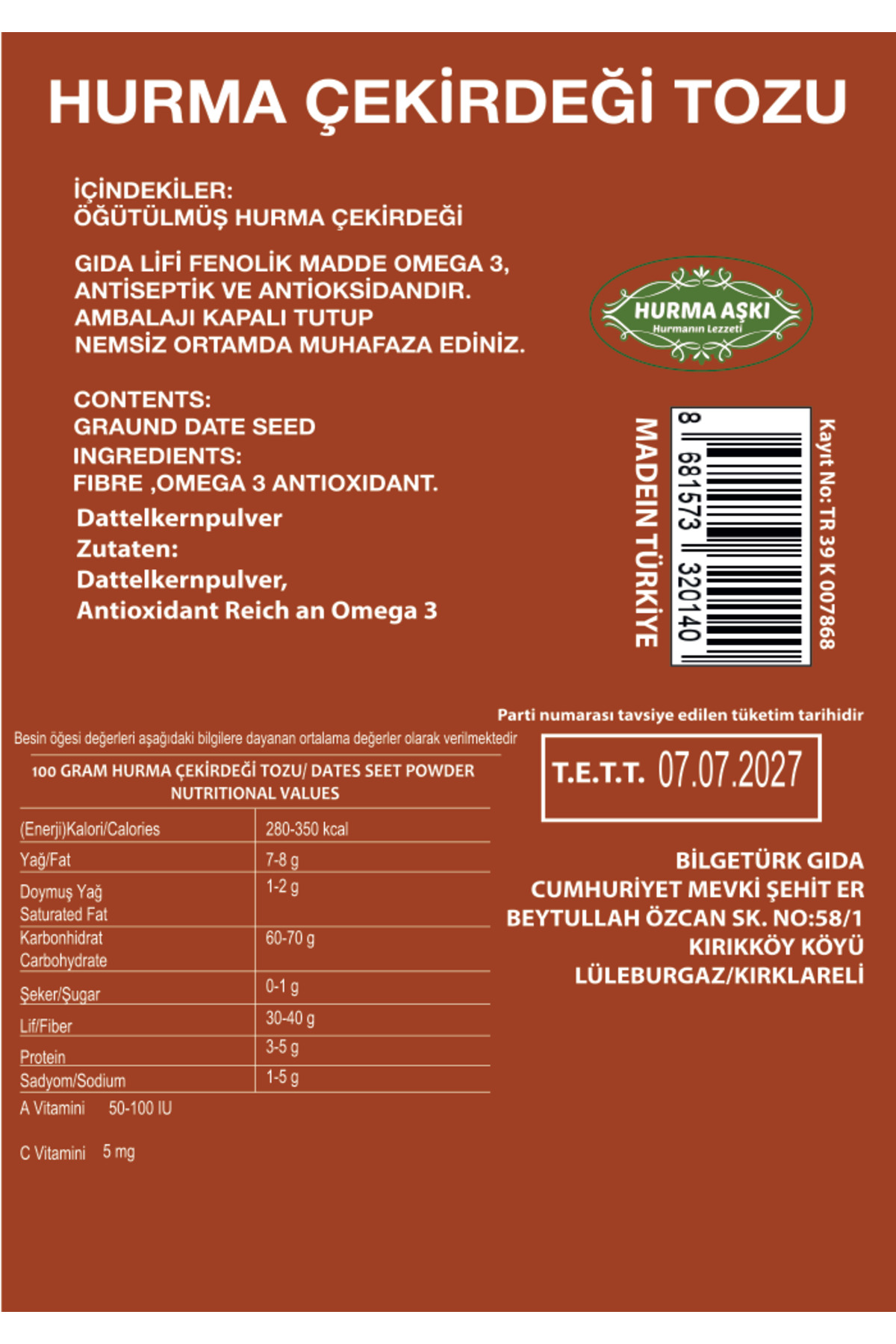 Hurma Aşki Hurma Çekirdeği Tozu 100Gr.X3=300Gr