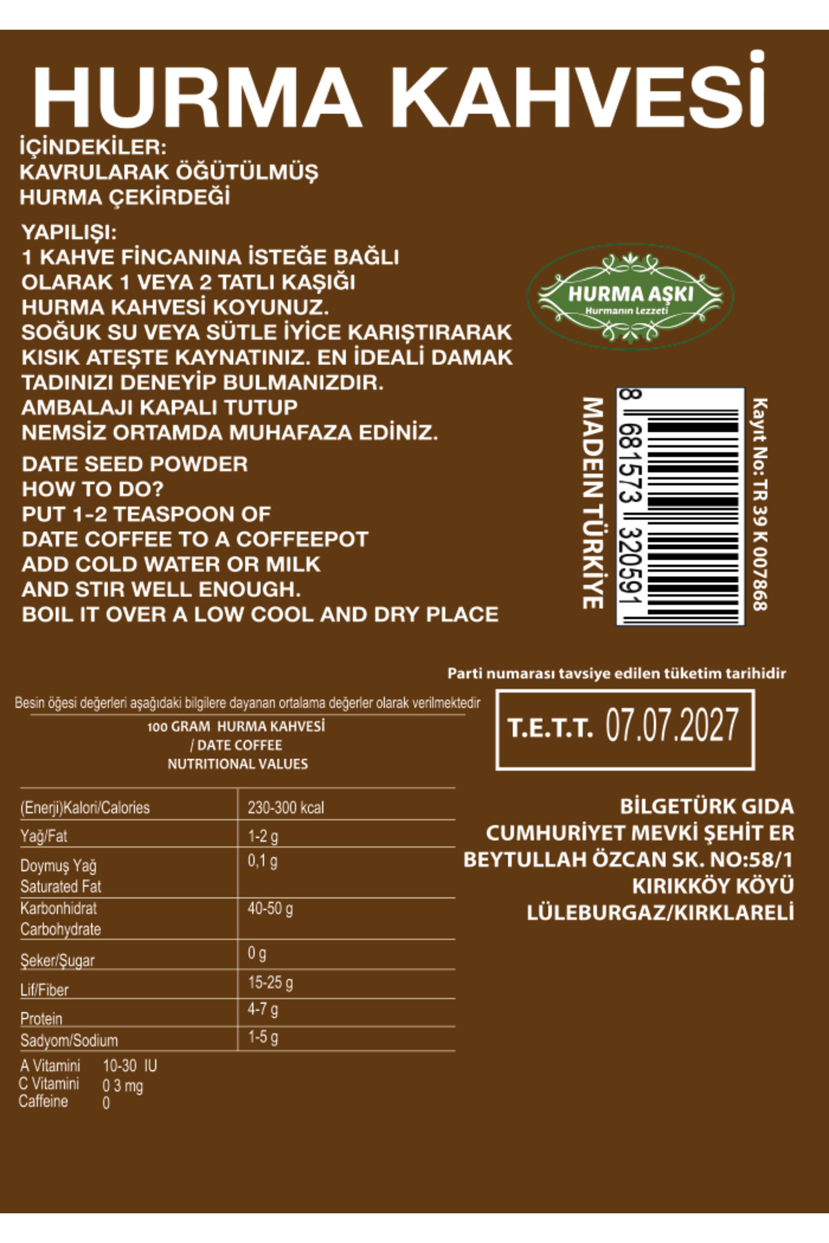 Hurma Aşki Hurma Kahvesi 200 Gr