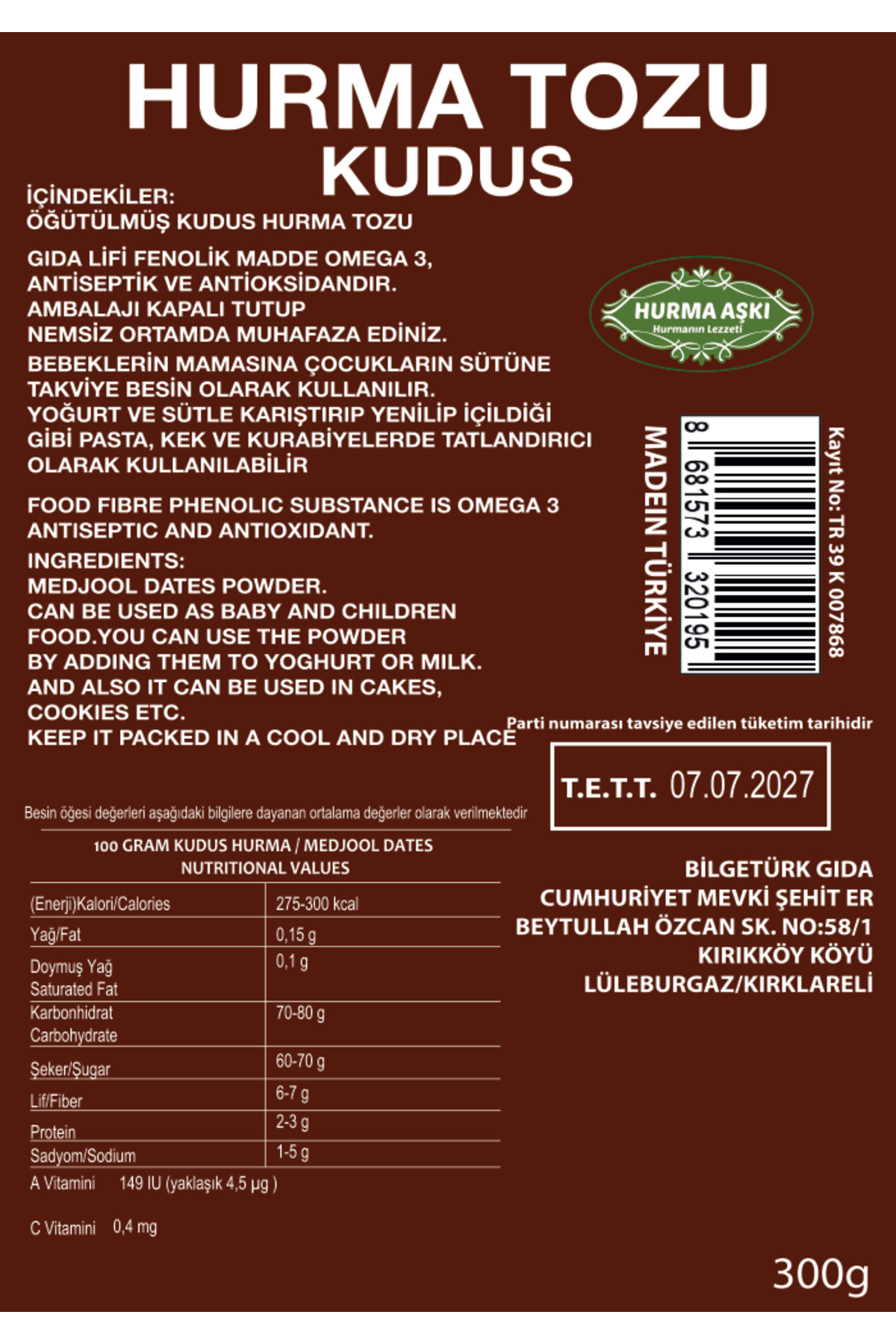 Hurma Aşki Hurma Tozu Kudus 300 Gr
