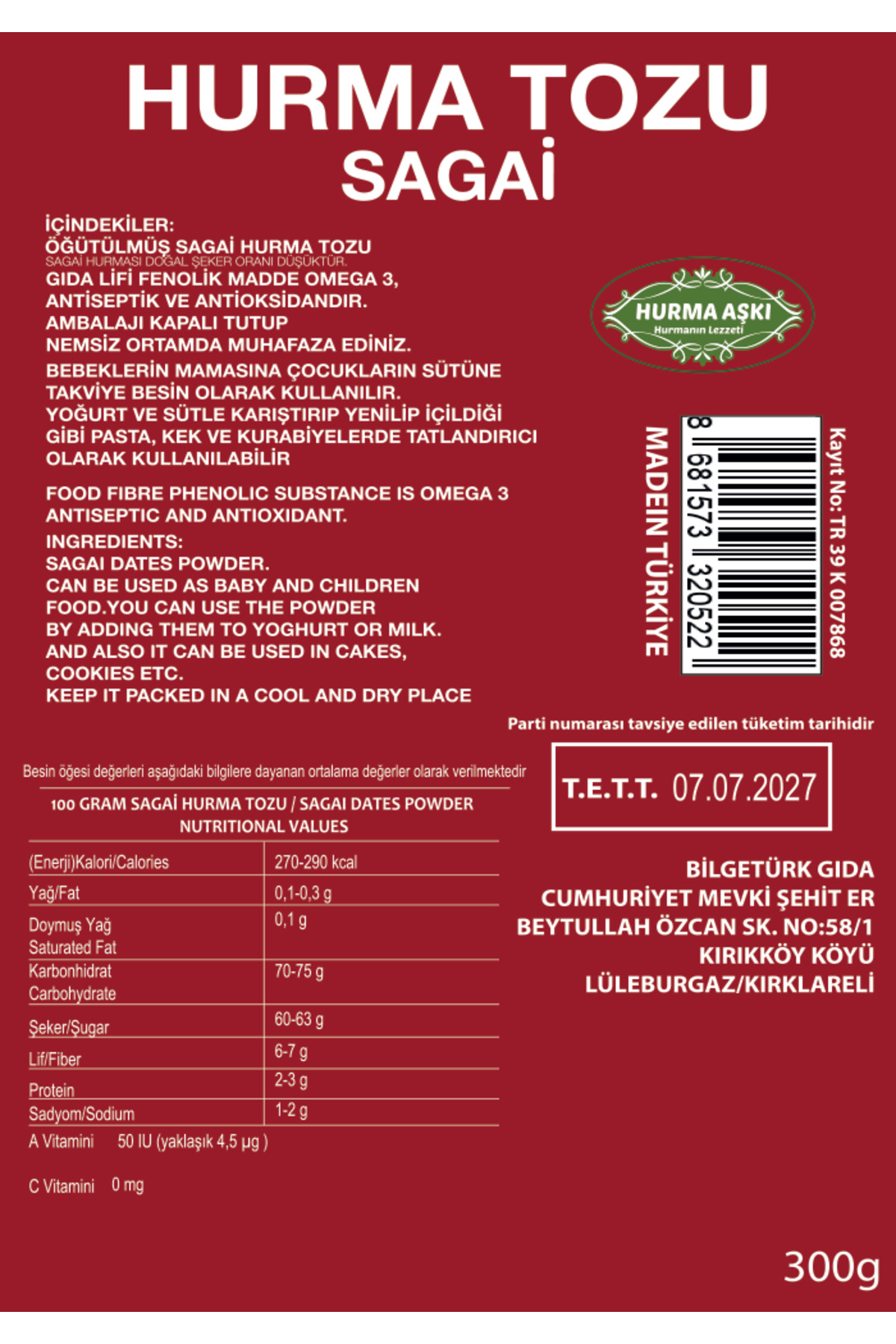 Hurma Aşki Hurma Tozu Sagai 300 Gr