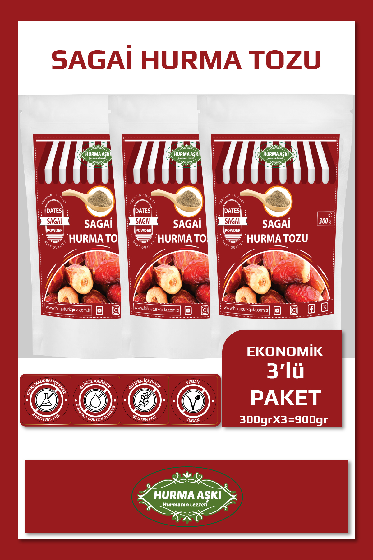 Hurma Aşki Hurma Tozu Sagai 300Grx3=900Gr