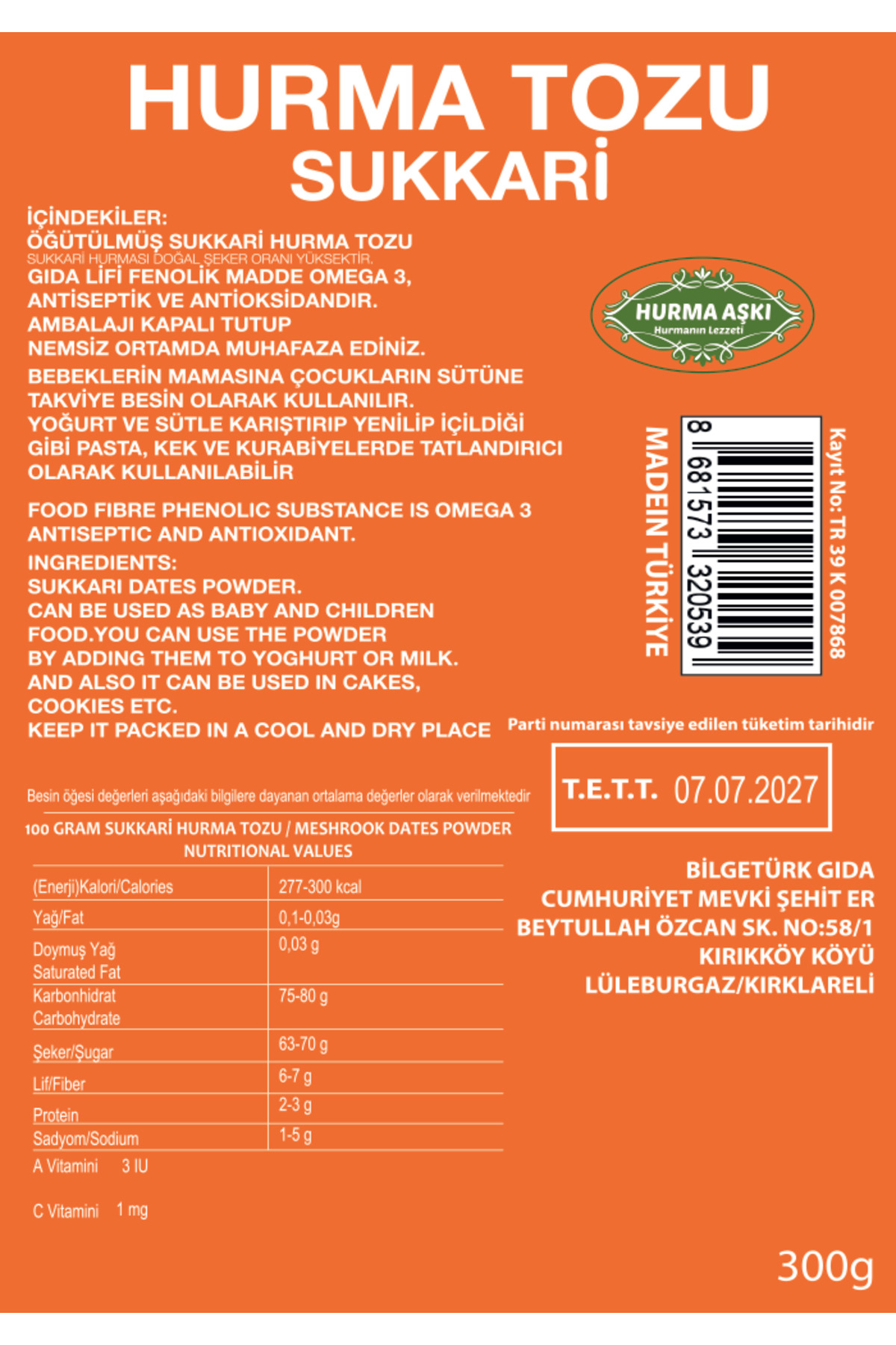 Hurma Aşki Hurma Tozu Sukkari 300Grx3=900Gr
