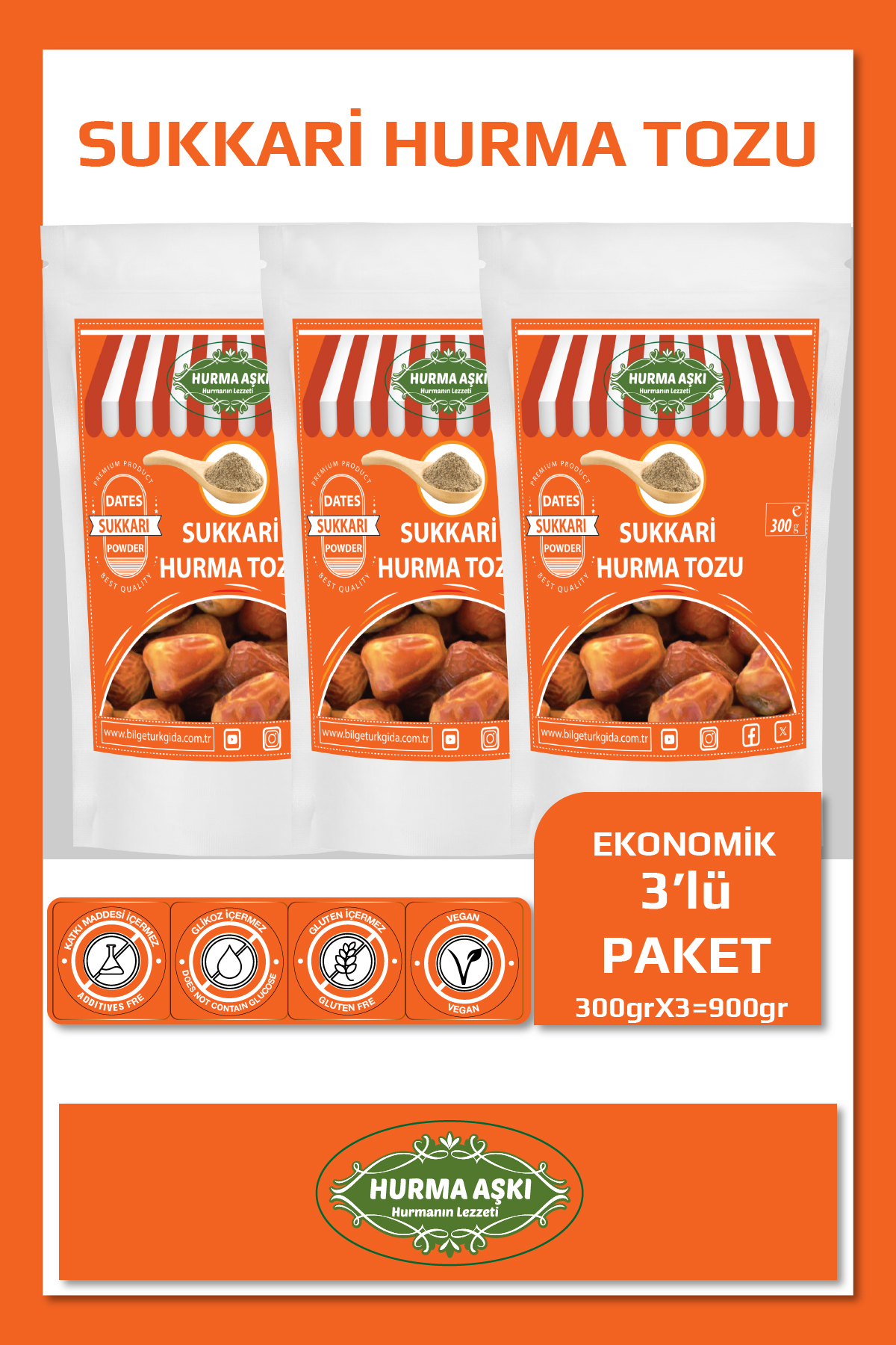 Hurma Aşki Hurma Tozu Sukkari 300Grx3=900Gr