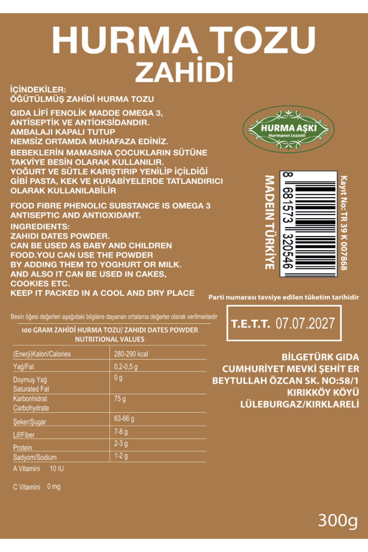 Hurma Aşki Hurma Tozu Zahidi 300 Gr
