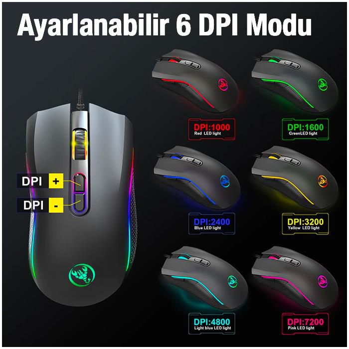 Hxsj  A869 7200Dpi Ayarlanabilir Rgb İşik Gaming Oyuncu Mouse