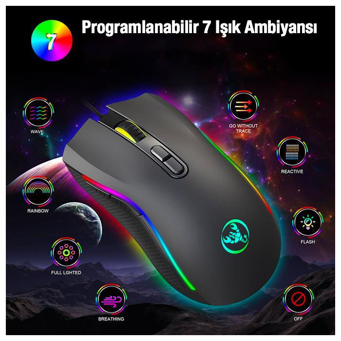 Hxsj  A869 7200Dpi Ayarlanabilir Rgb İşik Gaming Oyuncu Mouse