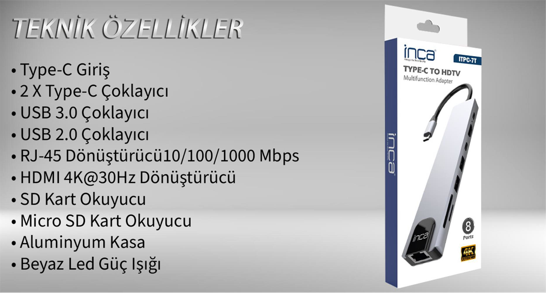 Inca ITPC-7T Type-C Giriş 2XType-C Çoklayıcı RJ-45 HDMI 4K@30 USB