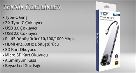 Inca ITPC-7T Type-C Giriş 2XType-C Çoklayıcı RJ-45 HDMI 4K@30 USB