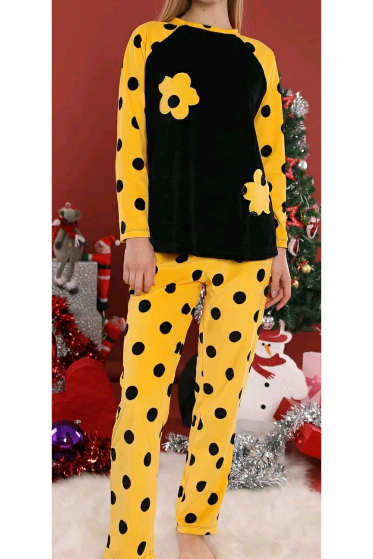 Marilyn Pijama Kadife Pijama Takimi Sari Yeşil