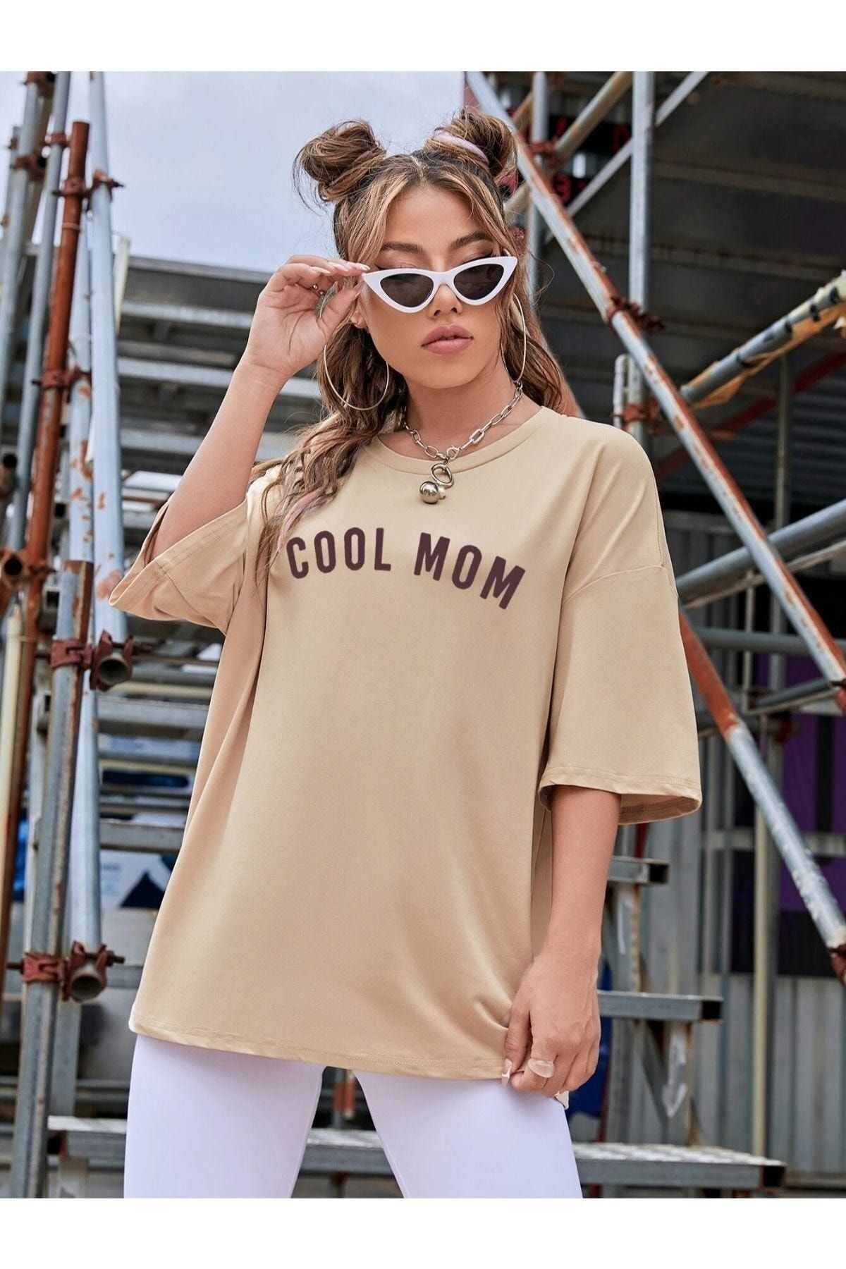 Garalio Kadin Bej Cool Mom Baskili Hamile Tişört