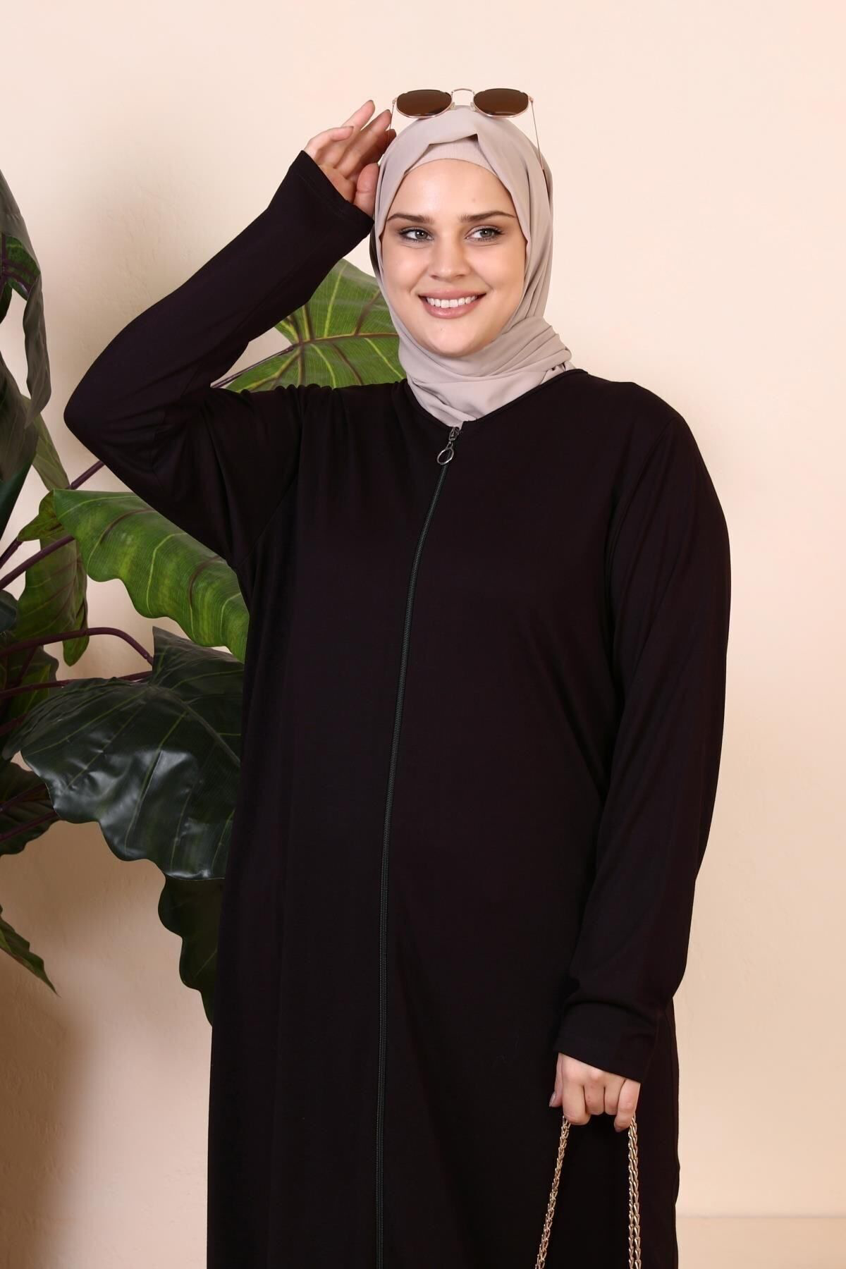 Ferace Kadin Buyuk Beden Fermuarli Tam Tesettur Uzun Namaz Elbisesi Gri