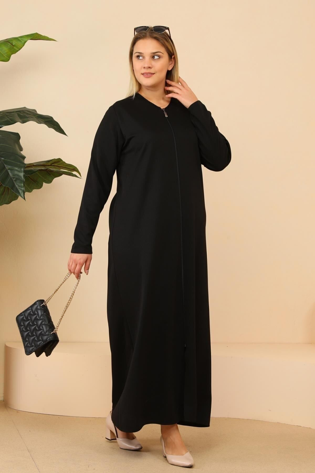 Ferace Kadin Buyuk Beden Fermuarli Tam Tesettur Uzun Namaz Elbisesi Gri