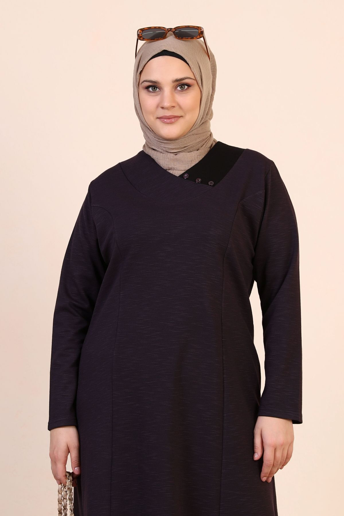Ferace Kadin Buyuk Beden Tesettur Petek Kumaş Jakar Anne Elbisesi Mürdüm