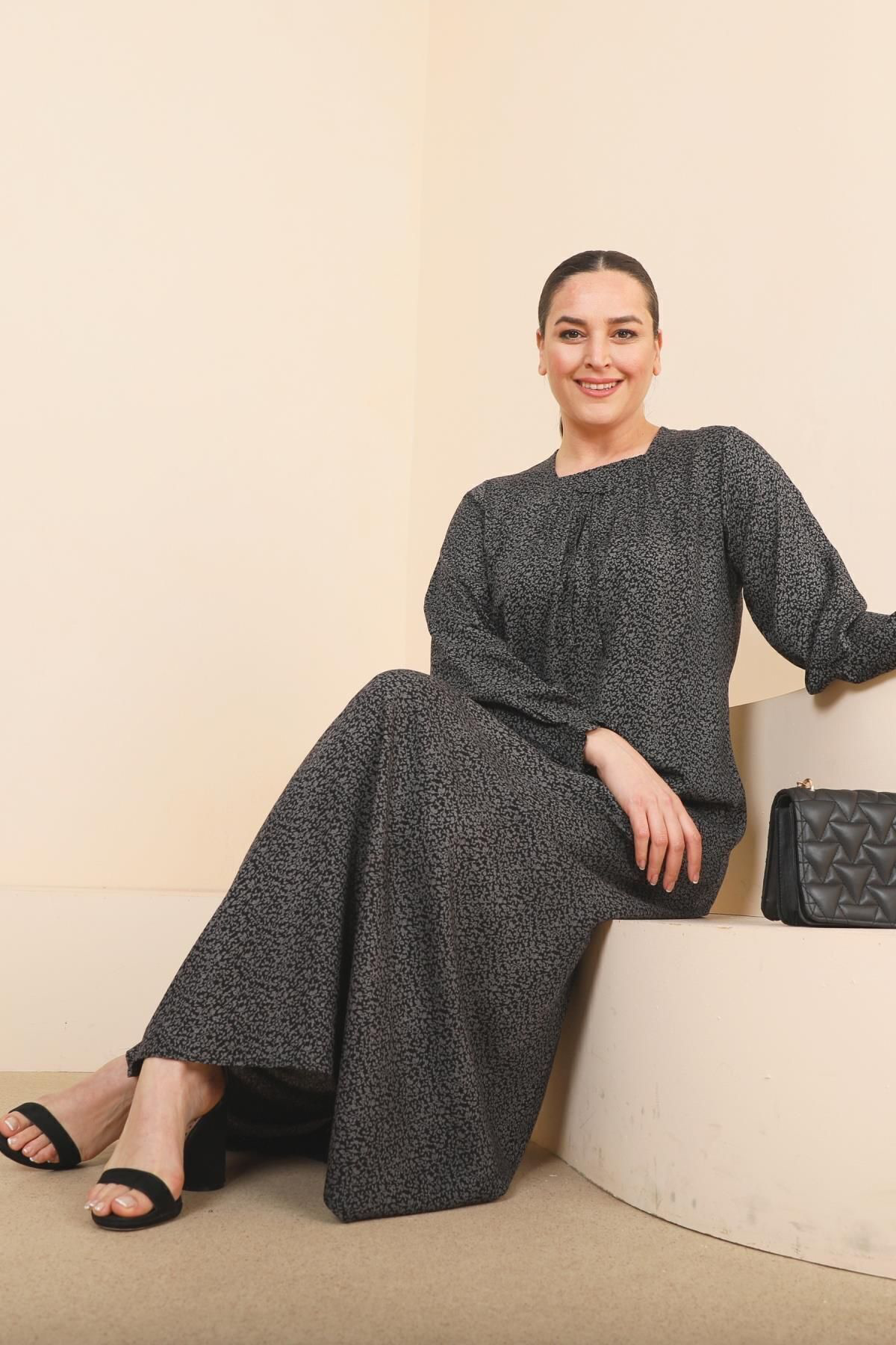 Ferace Kadin Buyuk Beden Çitir Desen Uzun Anne Günlük Elbise