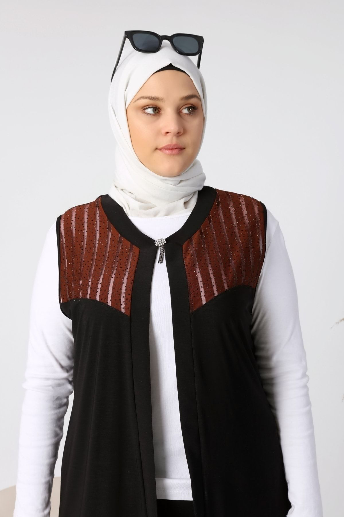 Ferace Kadin Buyuk Beden Giyim Yelek Transparan Tasli Uzun Yelek