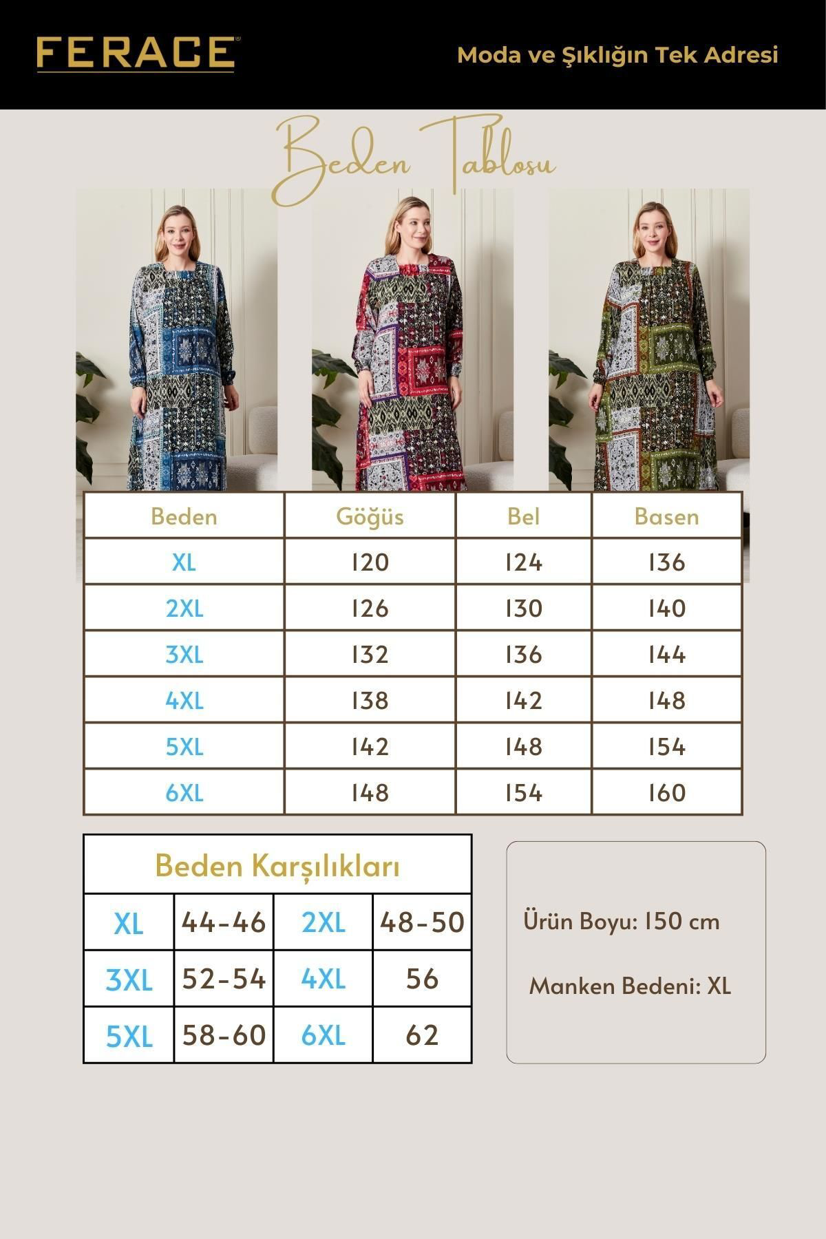 Ferace Kadin Büyük Beden Etnik Desen Kare Yaka Elbise
