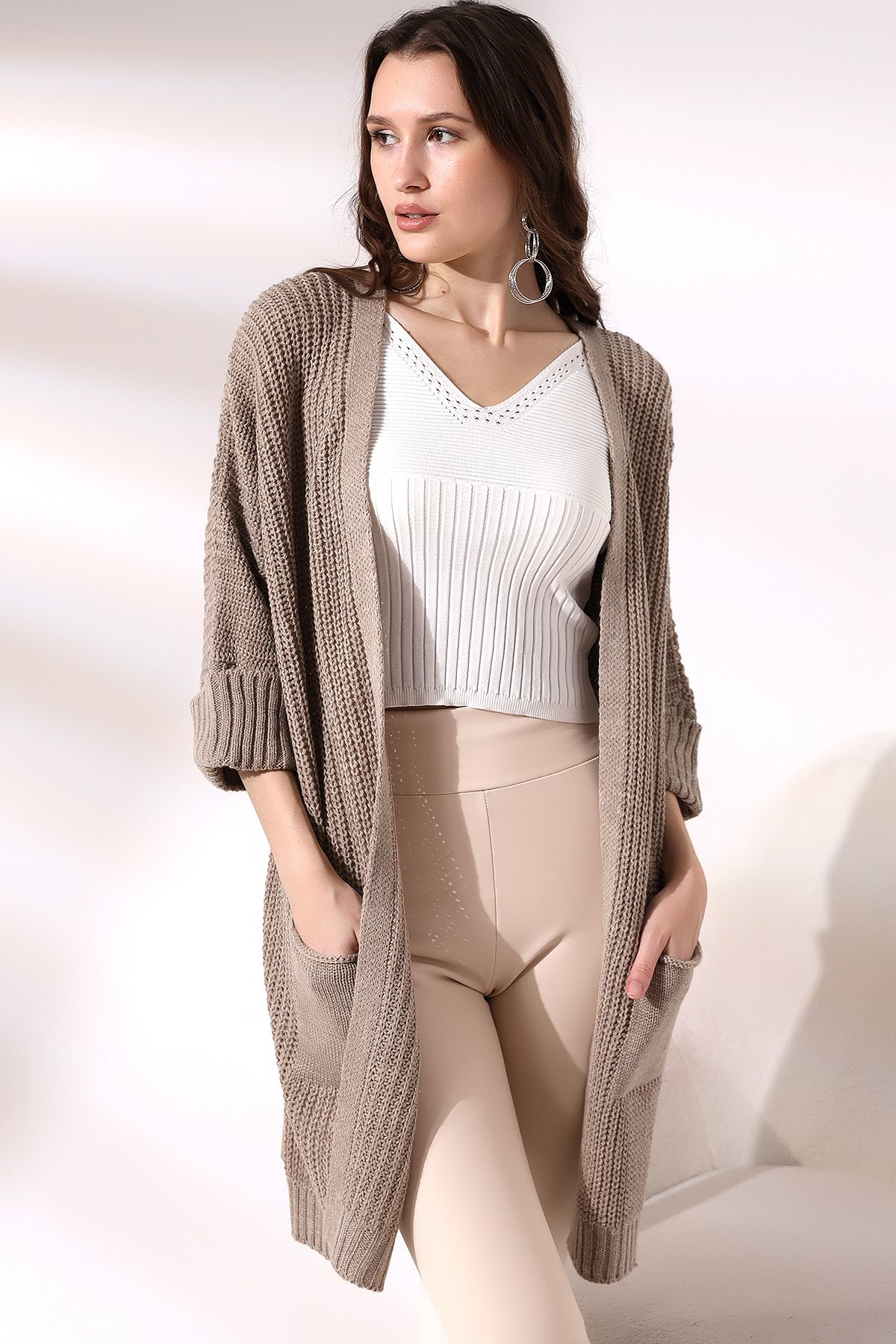 Dreamlike Kadin Kahverengi Oversize Model Uzun Cepli Triko Hirka