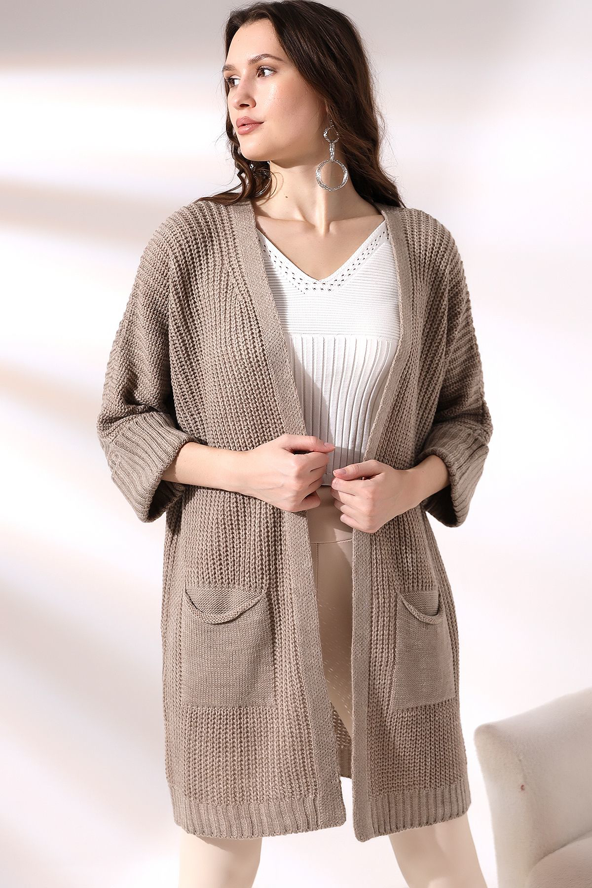 Dreamlike Kadin Kahverengi Oversize Model Uzun Cepli Triko Hirka