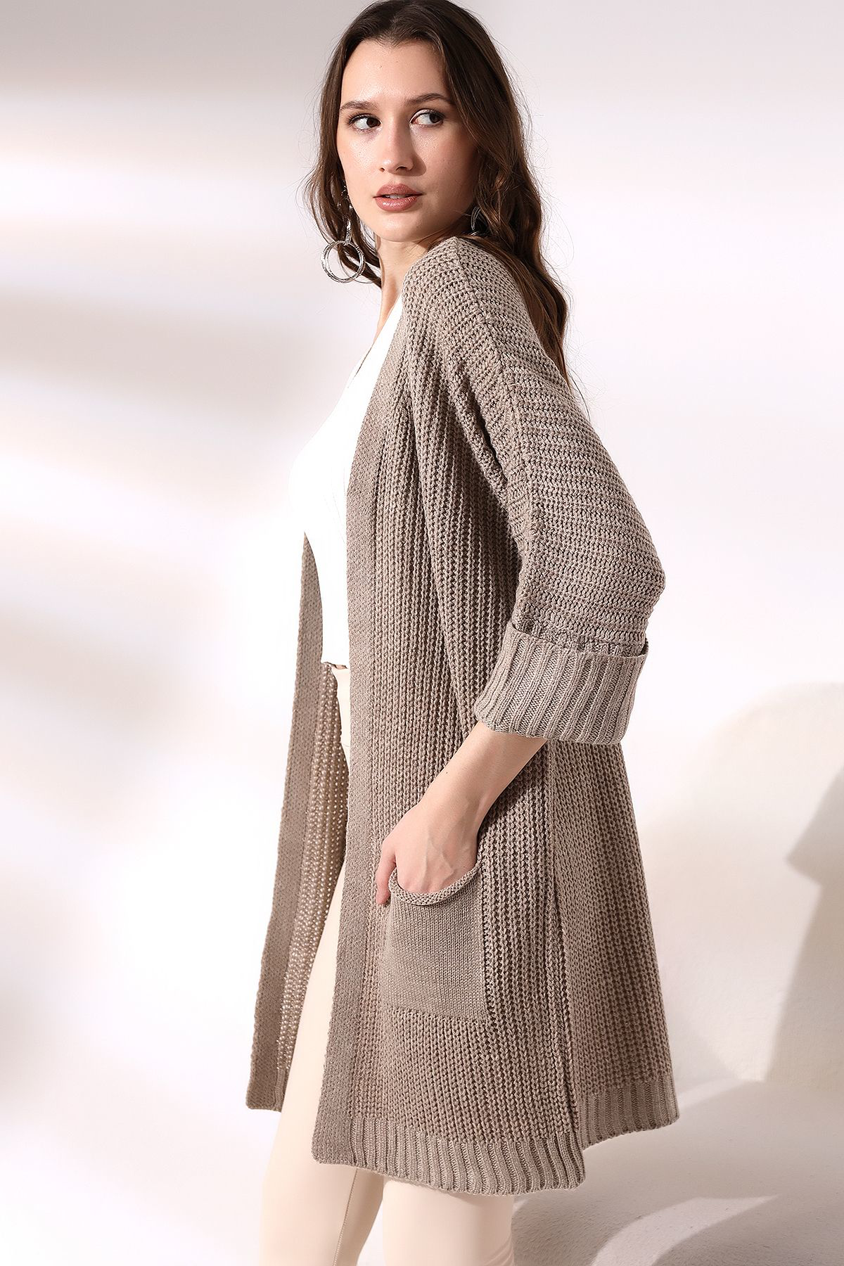 Dreamlike Kadin Kahverengi Oversize Model Uzun Cepli Triko Hirka