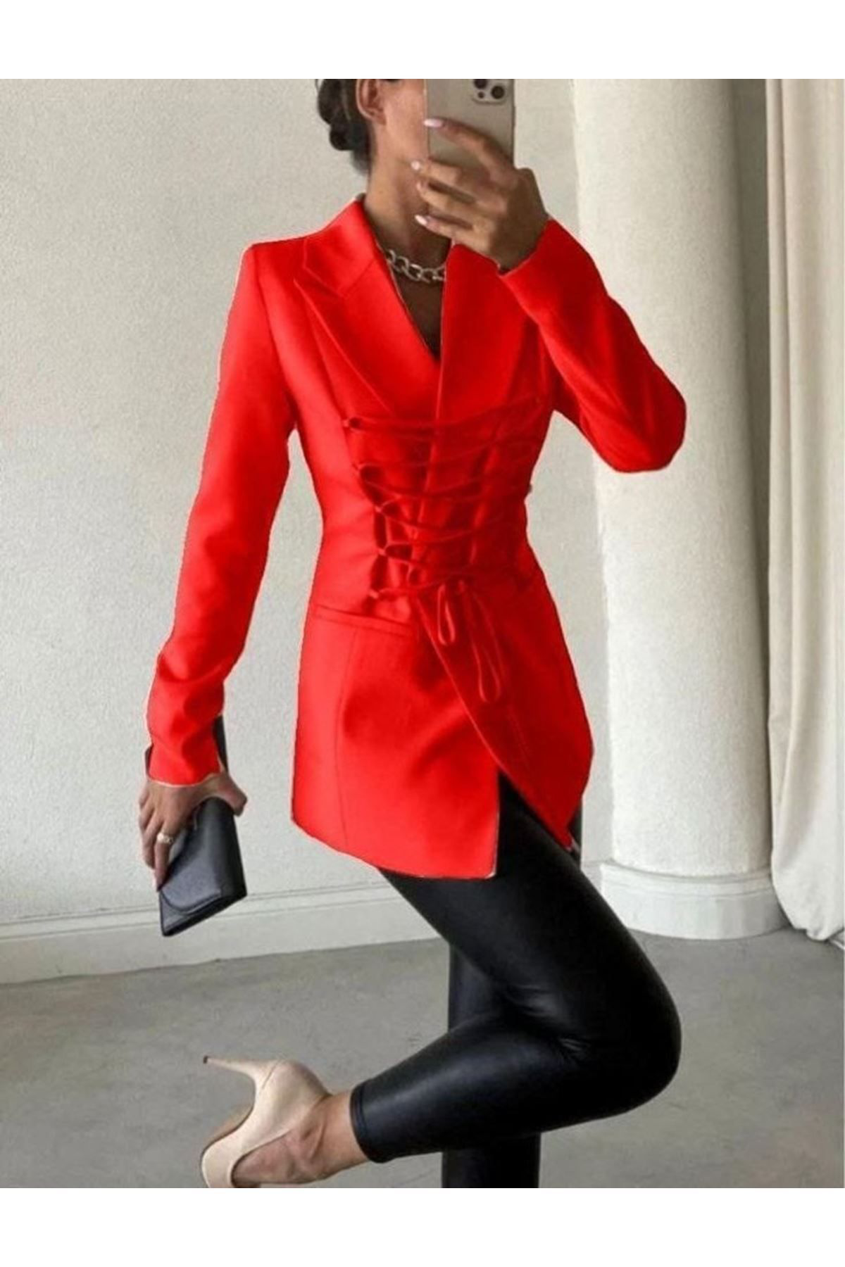 Rkfashion Kadin Manşet Yaka Cep Ve Bağcik Detay Uzun Ceket