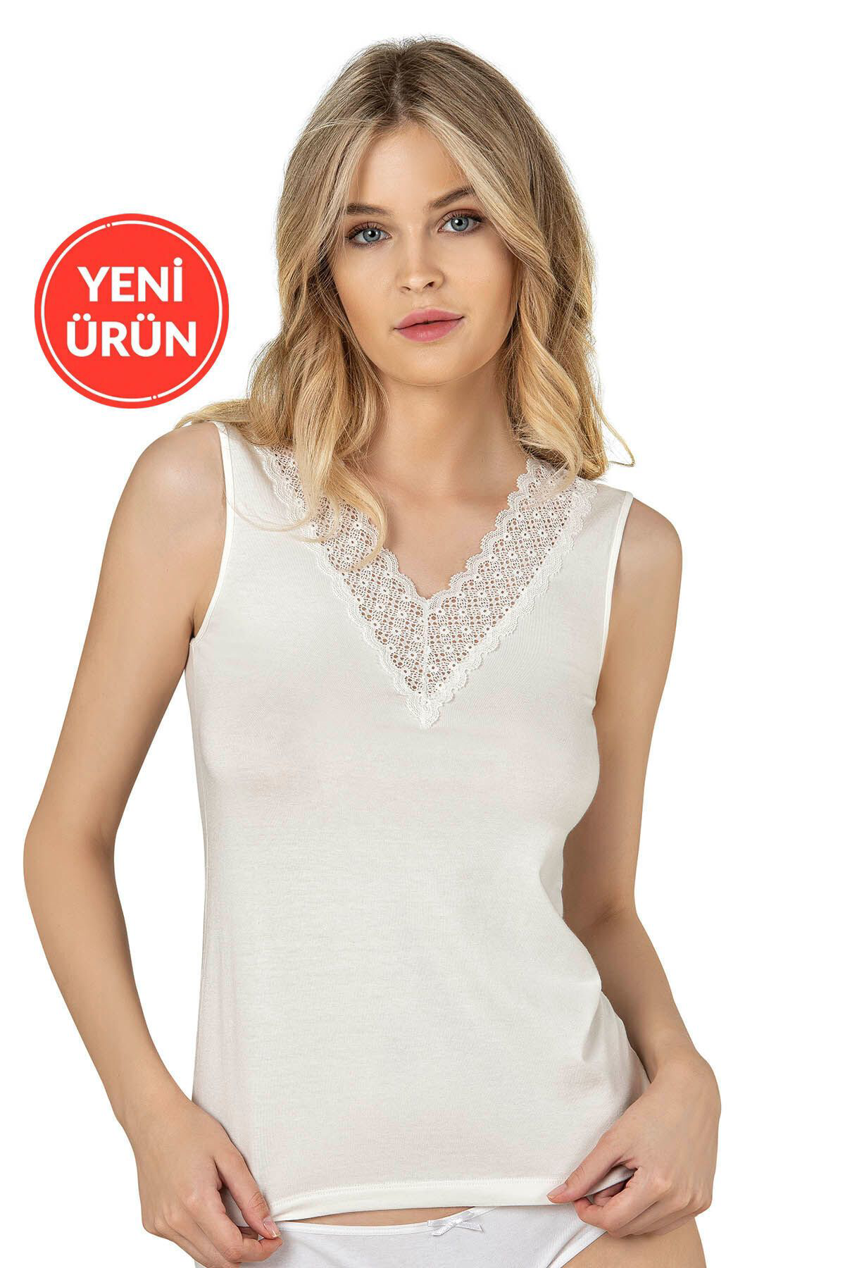 Özkan Kadin Pamuklu Modal Esnek Yumuşak Önü Dantel Detayli V Yaka Kalin