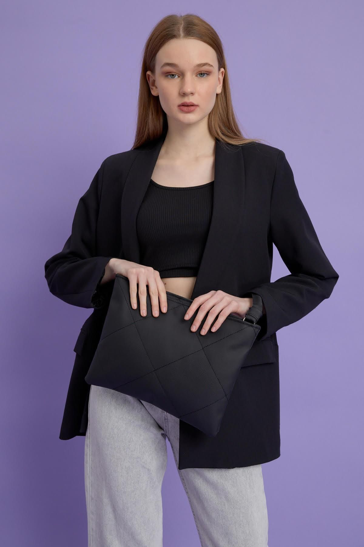Shopandshop Kadin Siyah Deri Kapitone Clutch El Çantasi