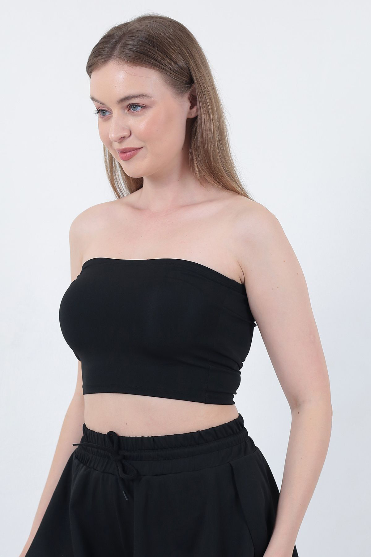 Kadın Siyah-Ekru Straplez Büstiyer Crop