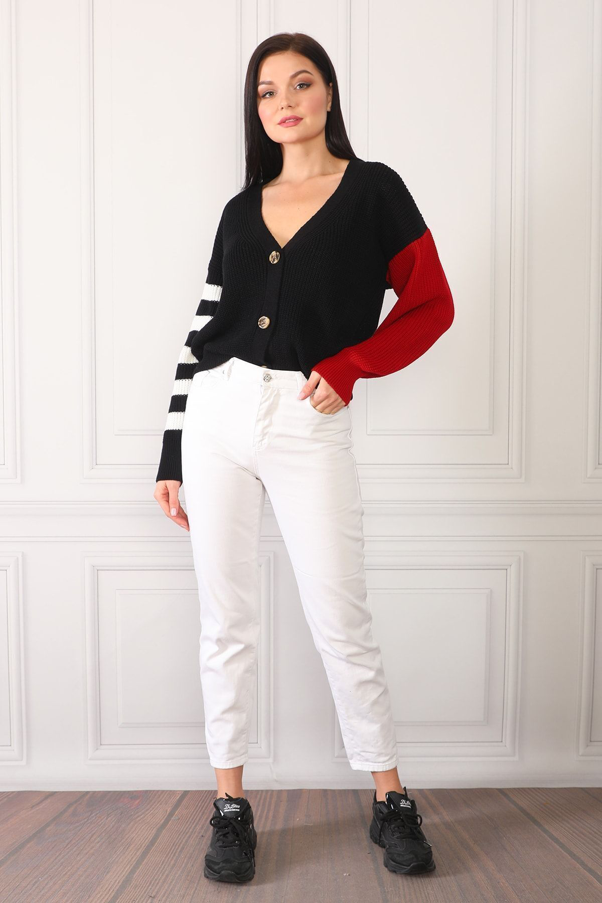 Dreamlike Kadin Siyah Renk Bloklu Trend Model Triko Hirka